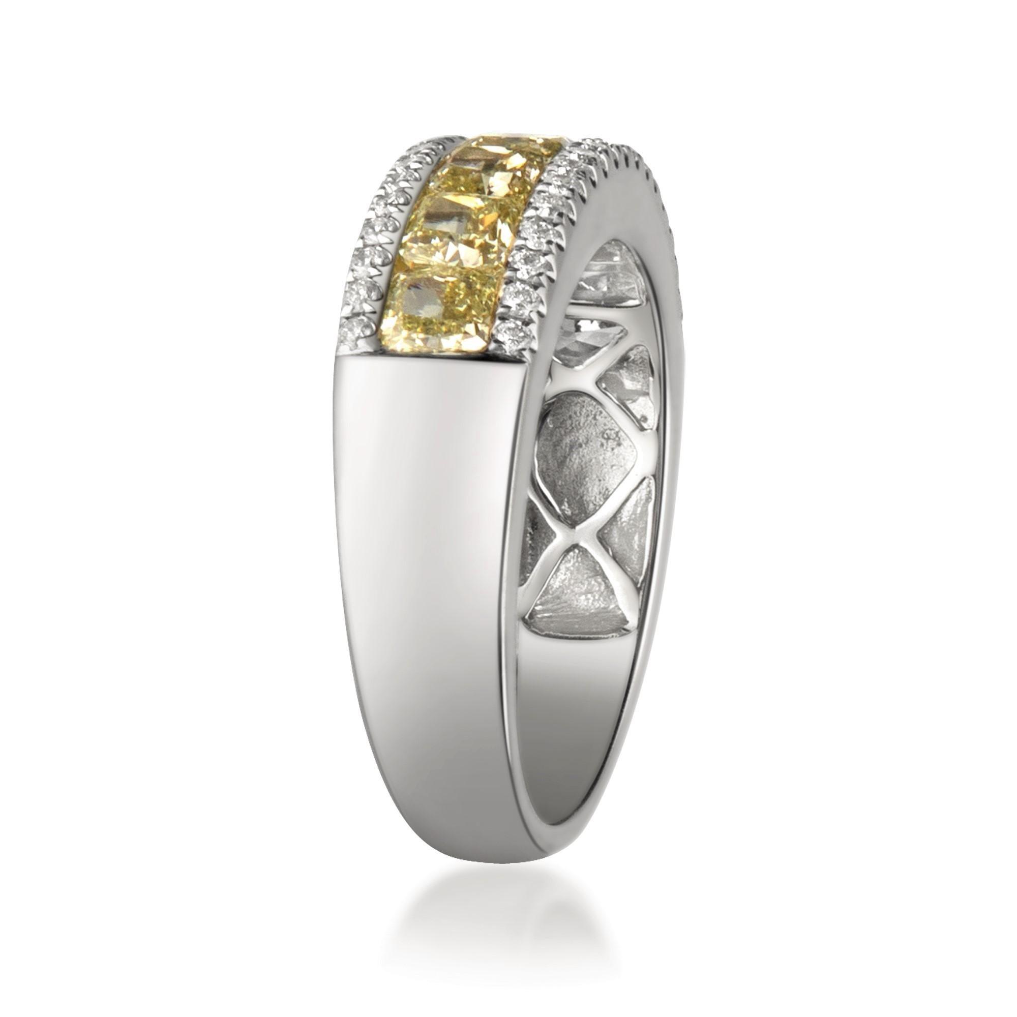 Cushion Cut 2.02 Carat T.W. Yellow Diamond 14 Karat Two-Tone Gold Band Ring