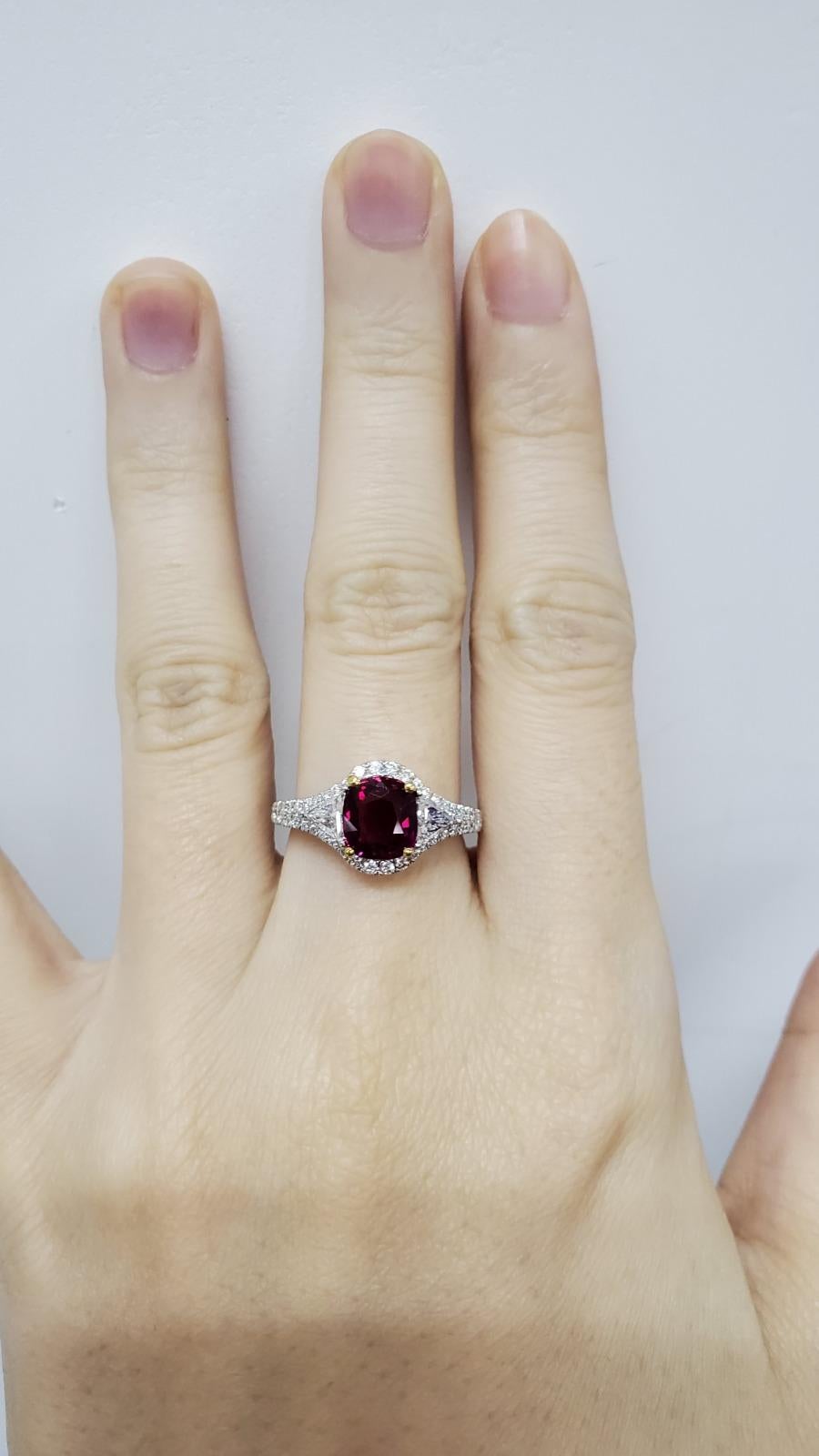 Art Deco 2.02 Carat Unheated Intense Red Cushion Natural Ruby 'Mozambique' Ring Certified For Sale