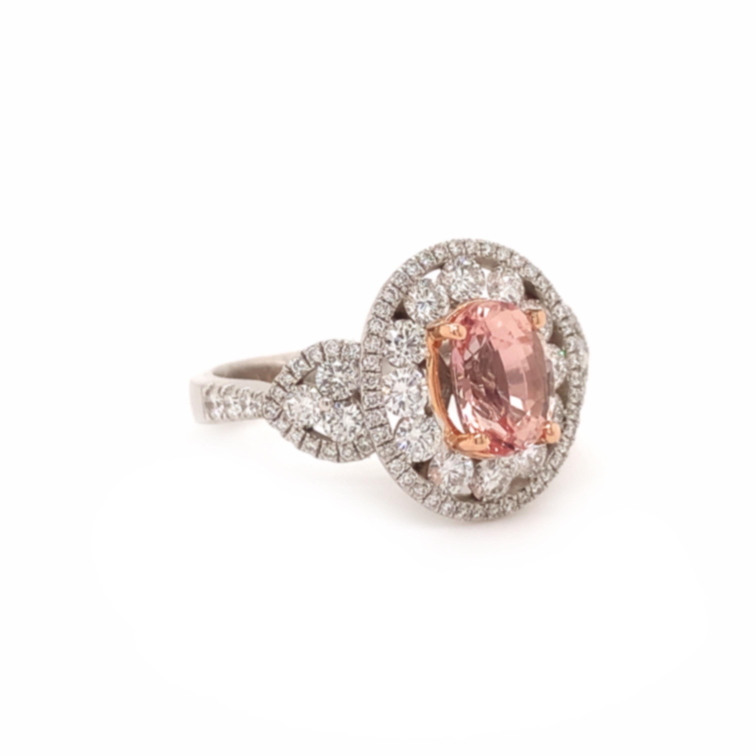 Glamorous unheated padparadscha sapphire ring. High brilliance, oval faceted, rare unheated, 