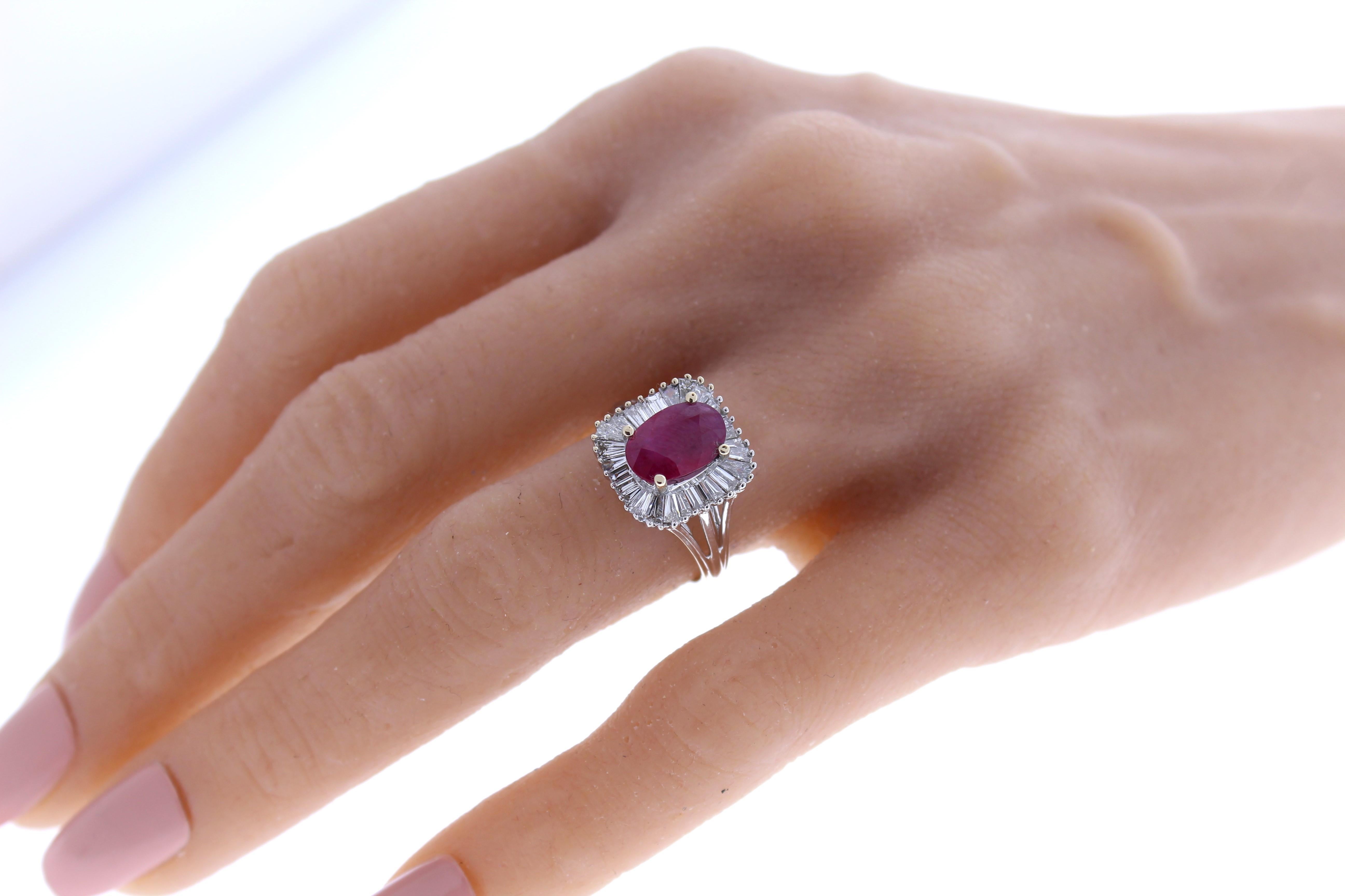 Oval Cut 2.02 Carat Weight Oval Shape Ruby & Baguette Diamond Fashion Ring in 18k WG For Sale
