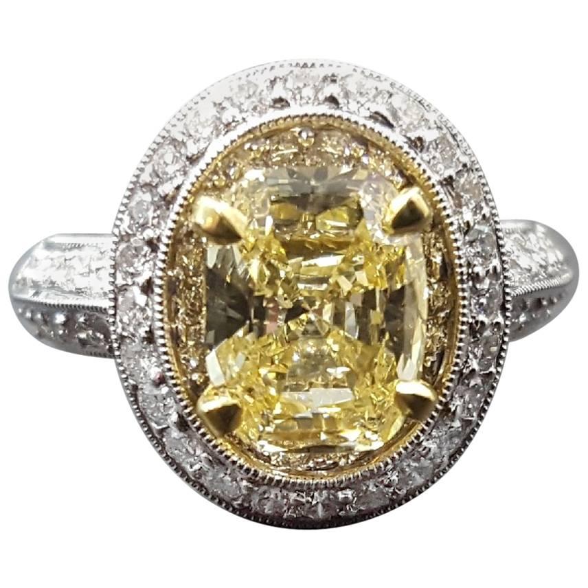 2.02 Carat Yellow Cushion Cut Diamond Ring