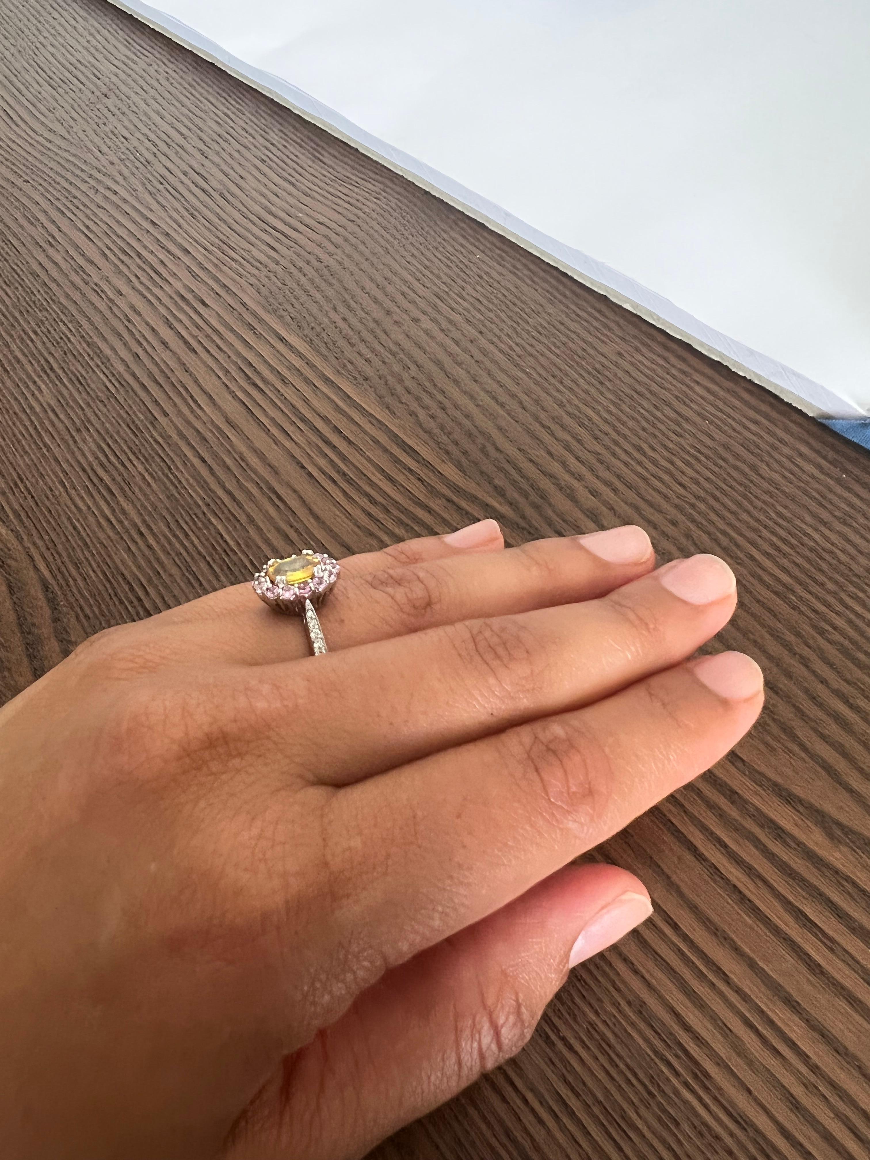 Women's 2.02 Carat Yellow Sapphire Pink Sapphire Diamond 14 Karat White Gold Ring For Sale