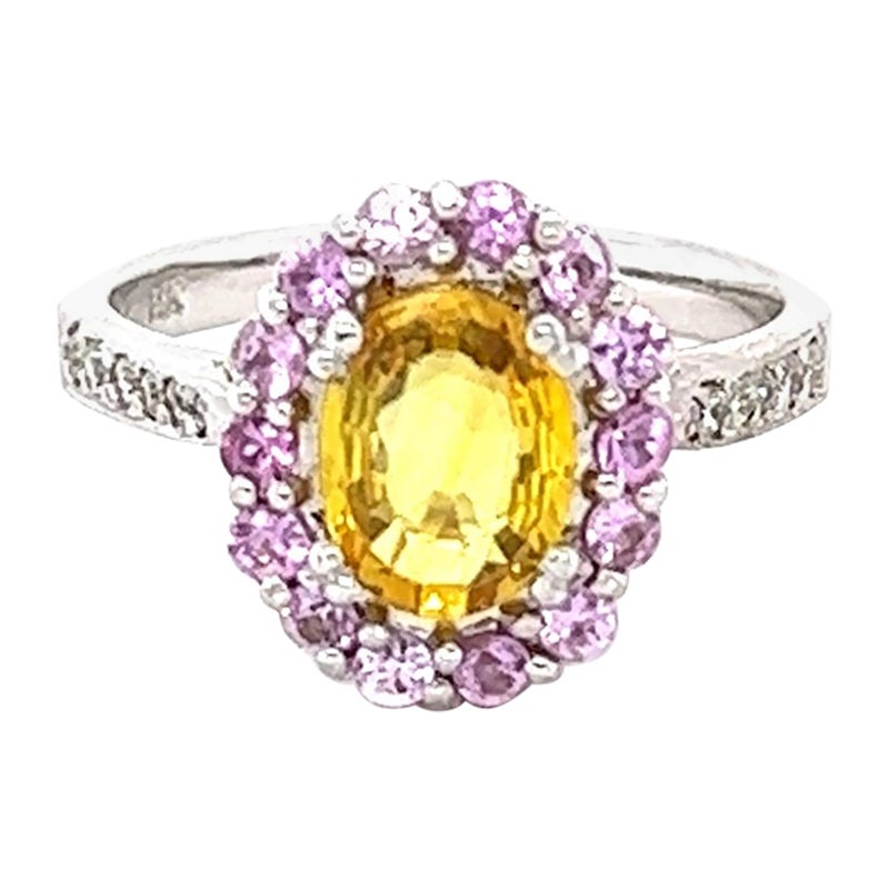 Anello con zaffiro giallo, zaffiro rosa e diamante da 2,02 carati in oro bianco da 14 carati