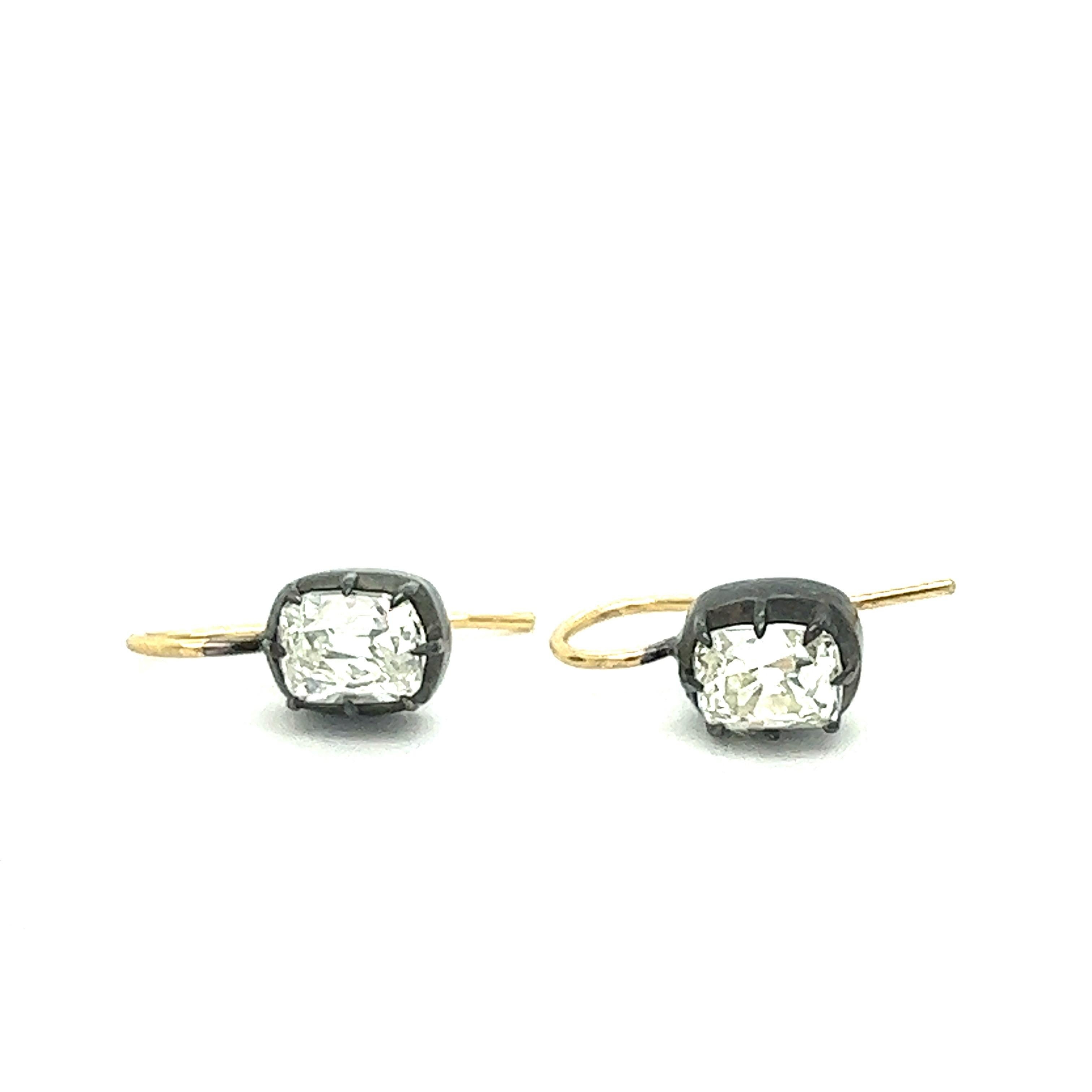 Women's 2.15 Carat Cushion Cut Silver and Gold Earrings For Sale