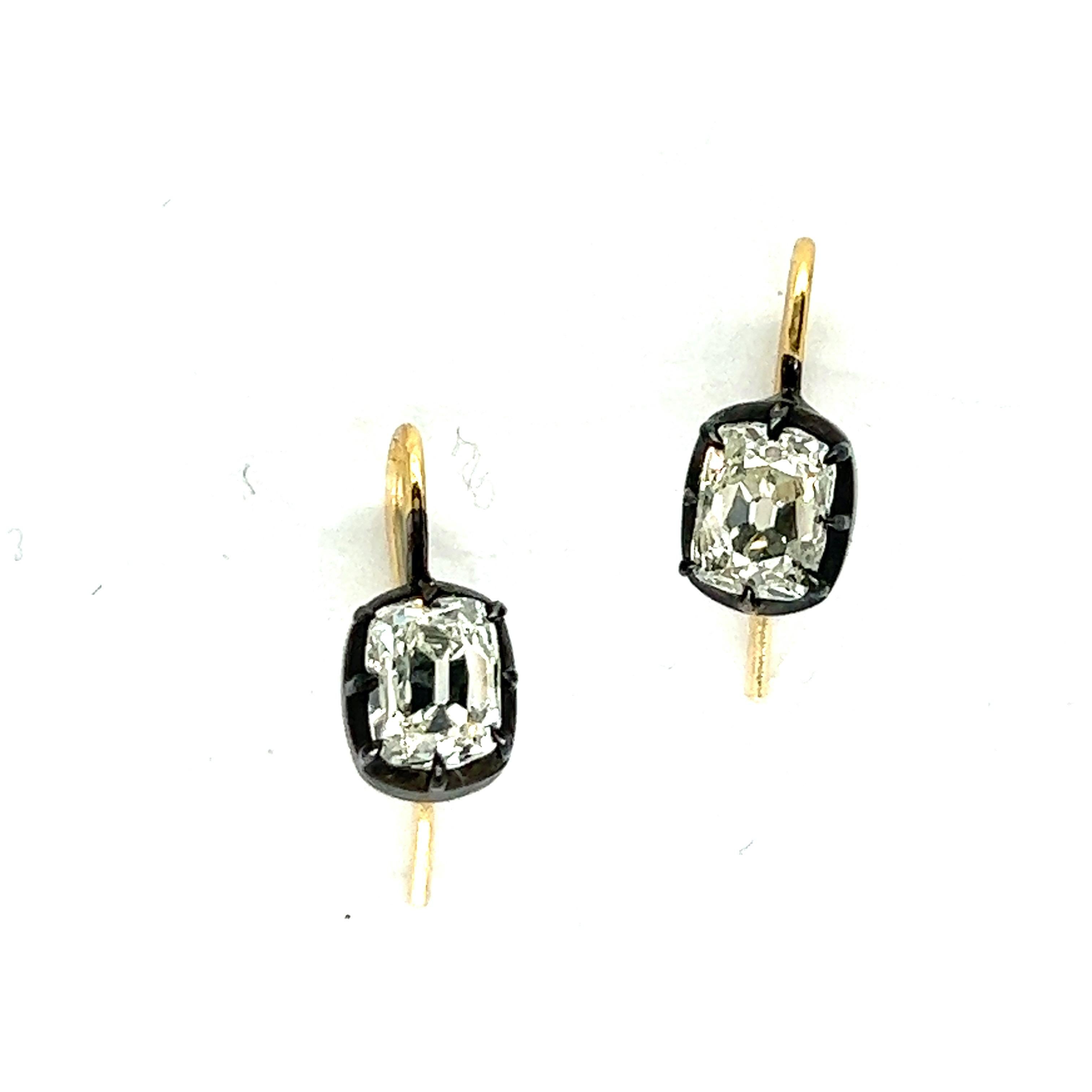 2.15 Carat Cushion Cut Silver and Gold Earrings For Sale 1