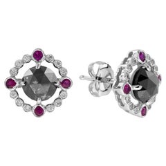 2.02 Ct. Black Diamond and Ruby Art Deco Inspired Stud Earrings in 14K Gold
