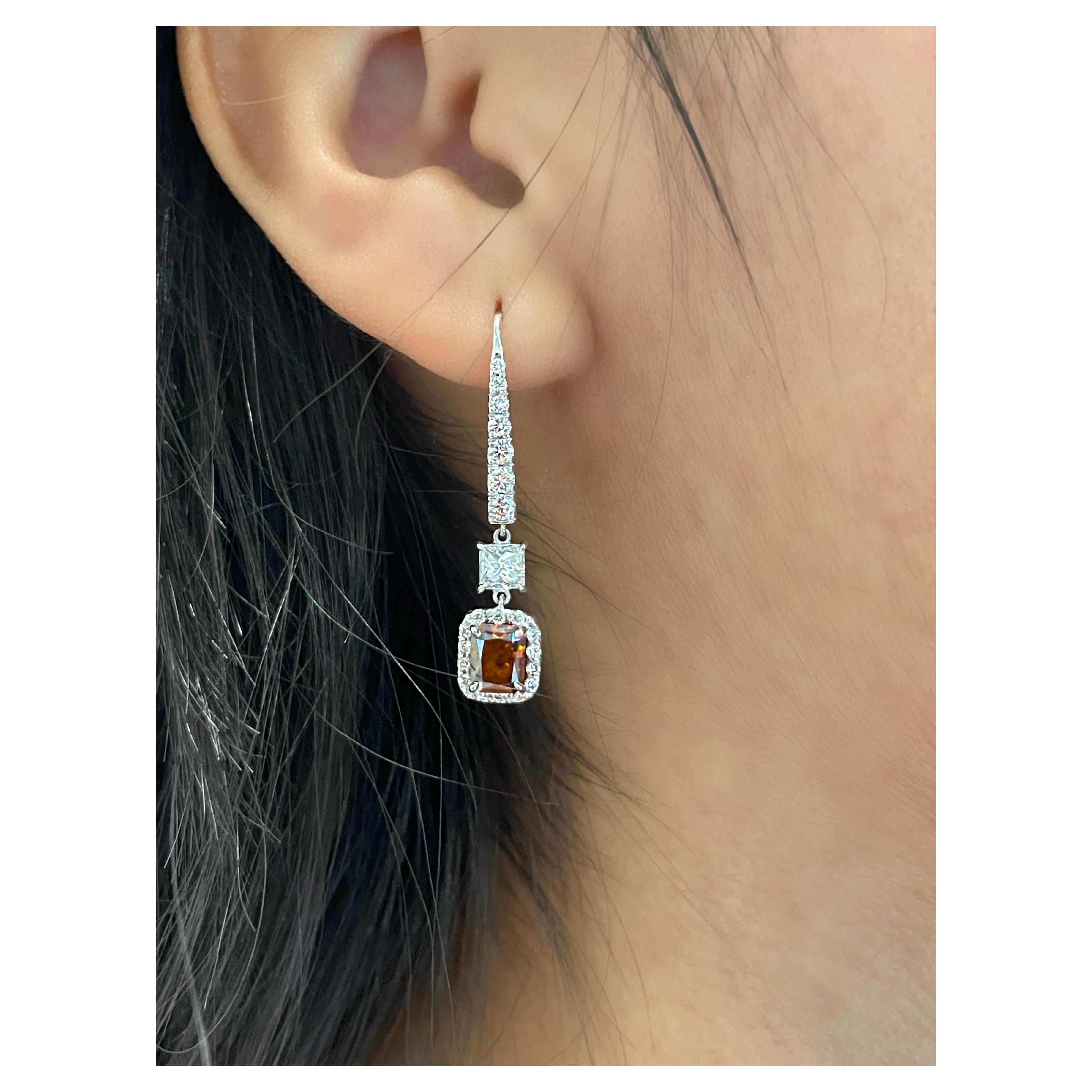 3.23 ct Fancy Deep Brown-Orange GIA Earrings For Sale