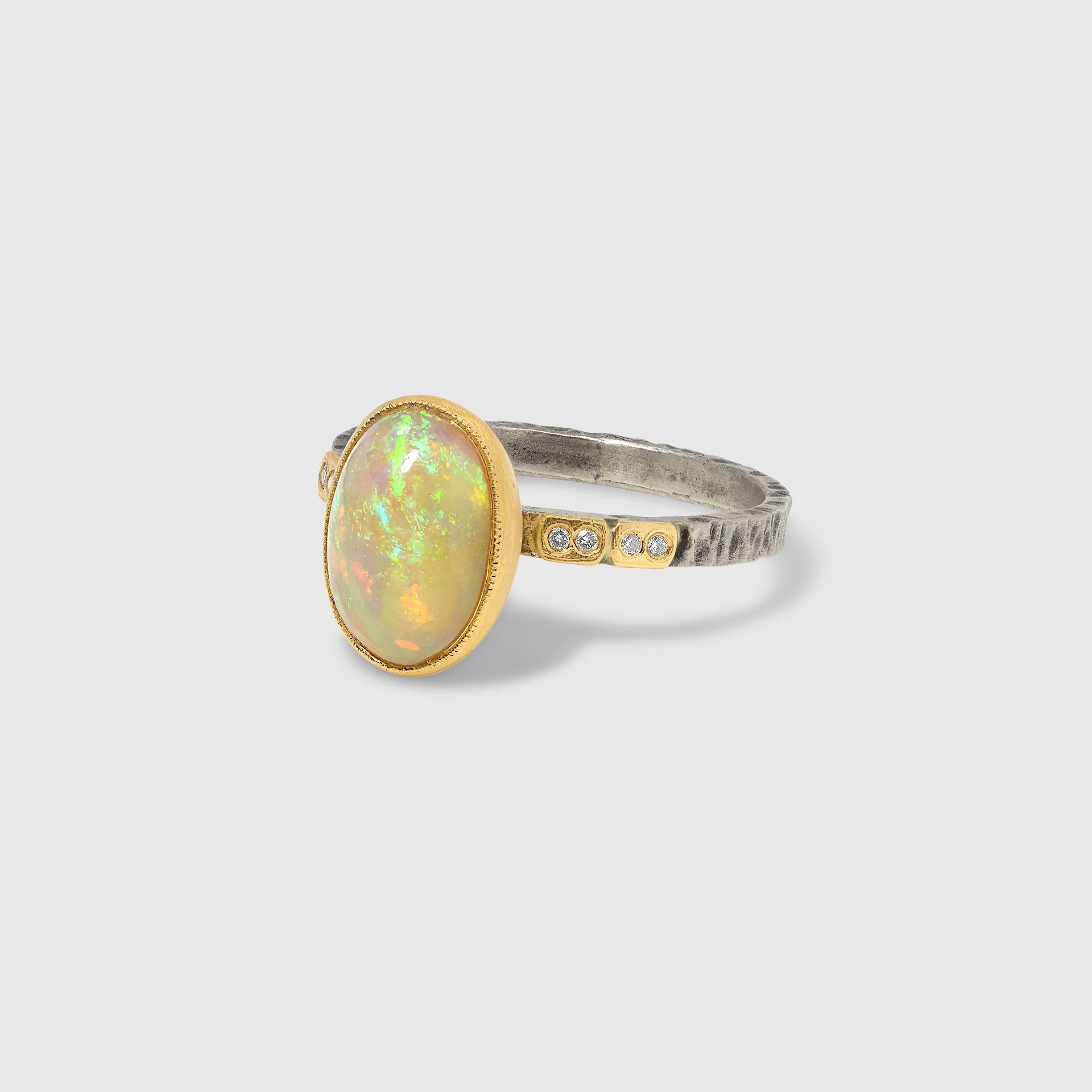 Contemporary 2.02 Ct Large, Stunning Opal Ring with Diamonds, 24kt Gold and Silver For Sale