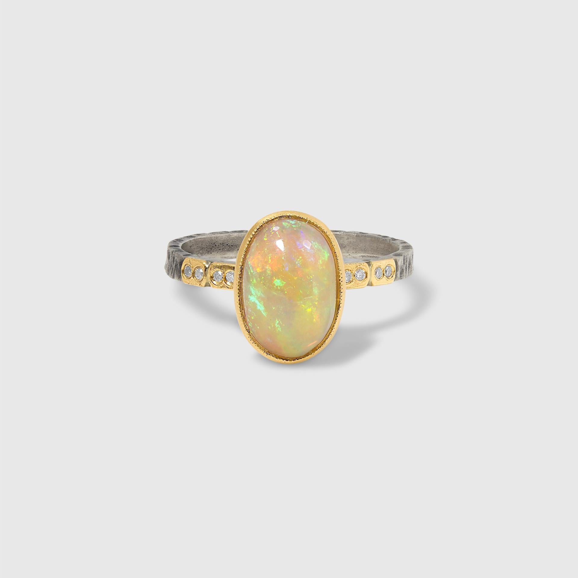 Oval Cut 2.02 Ct Large, Stunning Opal Ring with Diamonds, 24kt Gold and Silver For Sale