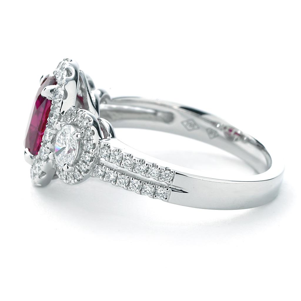 Contemporary 2.02 Ct. Natural Unheated Certified Ruby & Diamond Halo Ring 18K White Gold For Sale