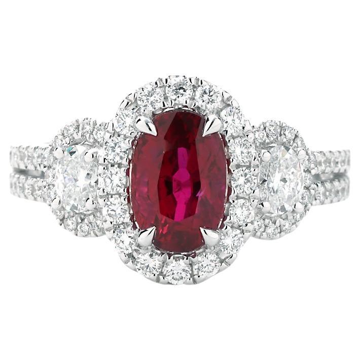 2.02 Ct. Natural Unheated Certified Ruby & Diamond Halo Ring 18K White Gold For Sale