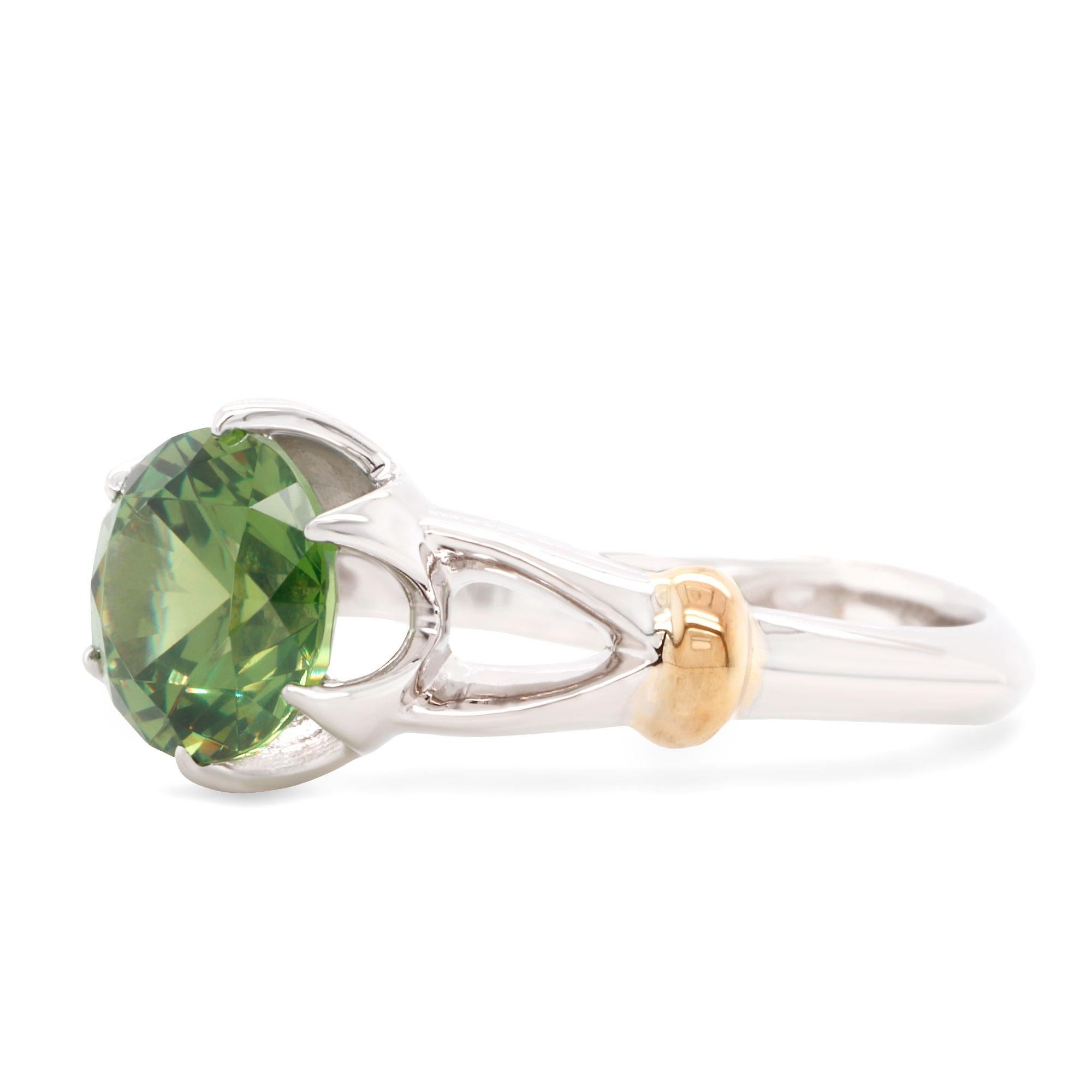 Elegant 14K White Gold Ring featuring 2.02 ct of top quality Russian Demantoid. Intricate design makes it perfect as for special occasion as for everyday wear, it can be used as wedding or engagement ring.
Ring size can be adjusted to any finger