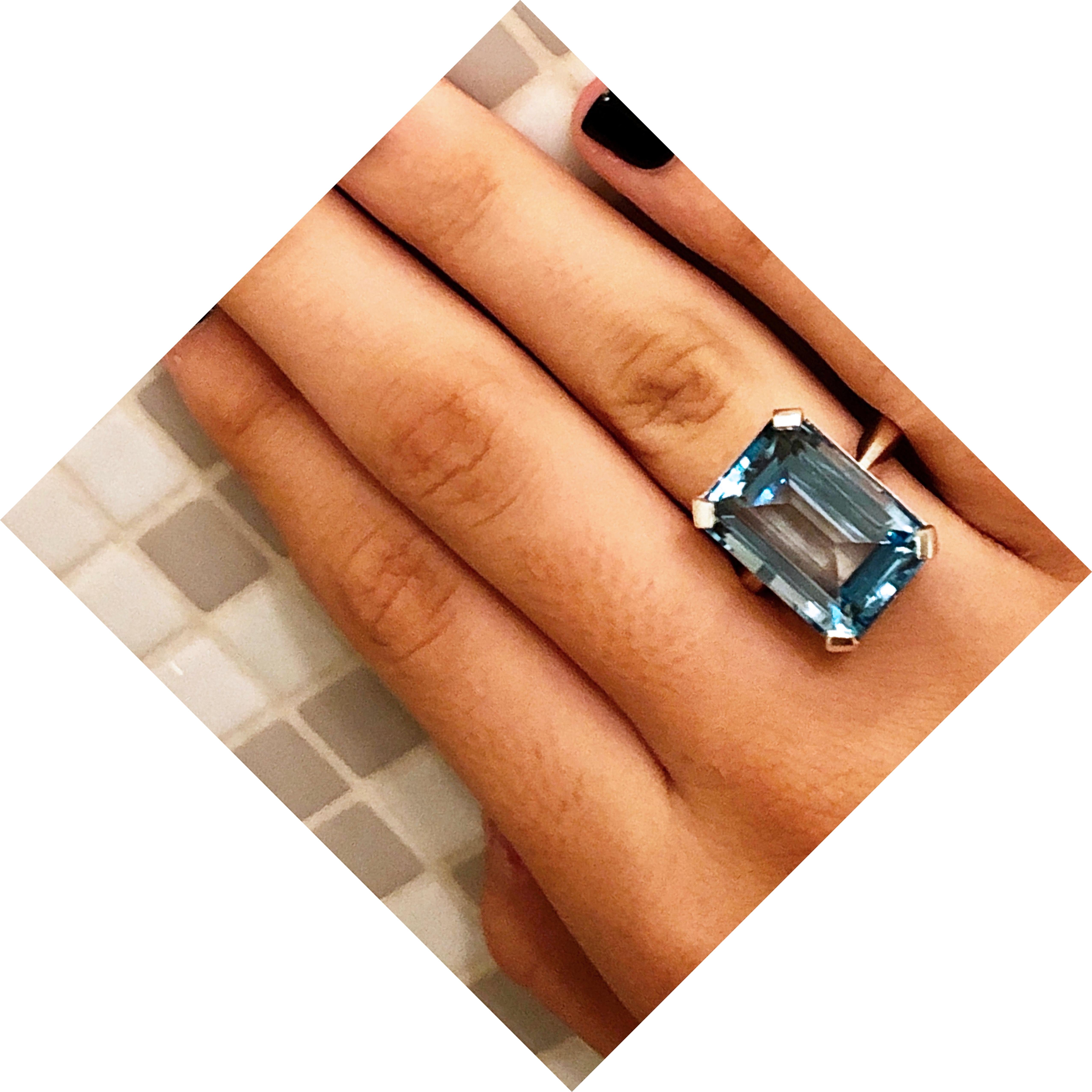 Women's 20.2 Karat Emerald Cut Natural Light Blue Topaz Cocktail Ring
