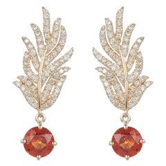 2.02 Round Orange Sapphire Drop Earrings White Diamond Leaf 14K Yellow Gold