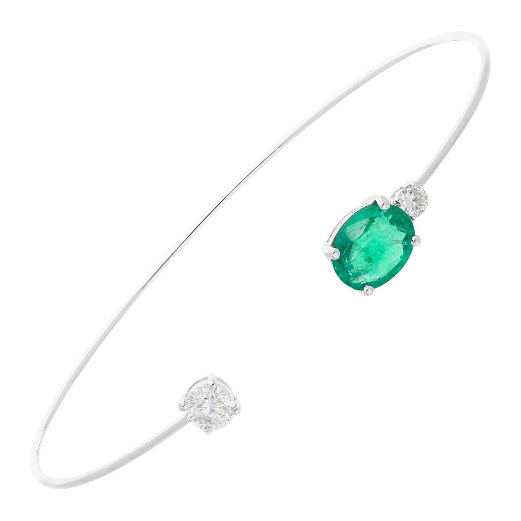2.02 Total Carat Weight Zambian Emerald Diamond Cuff Bracelet 18K White Gold