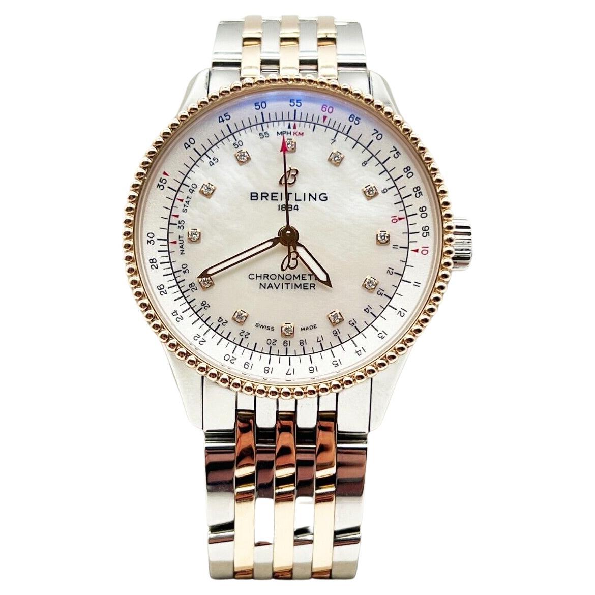 2020 Breitling U17395 Navitimer 35 MOP Diamond Dial 18k Rose Gold Steel Box For Sale