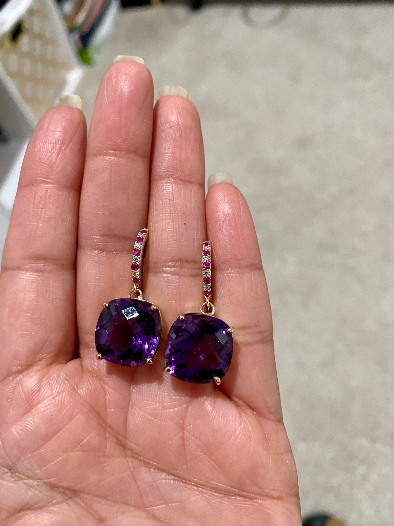 Cushion Cut 20.20 Carat Amethyst Sapphire and Diamond Yellow Gold Drop Earrings For Sale