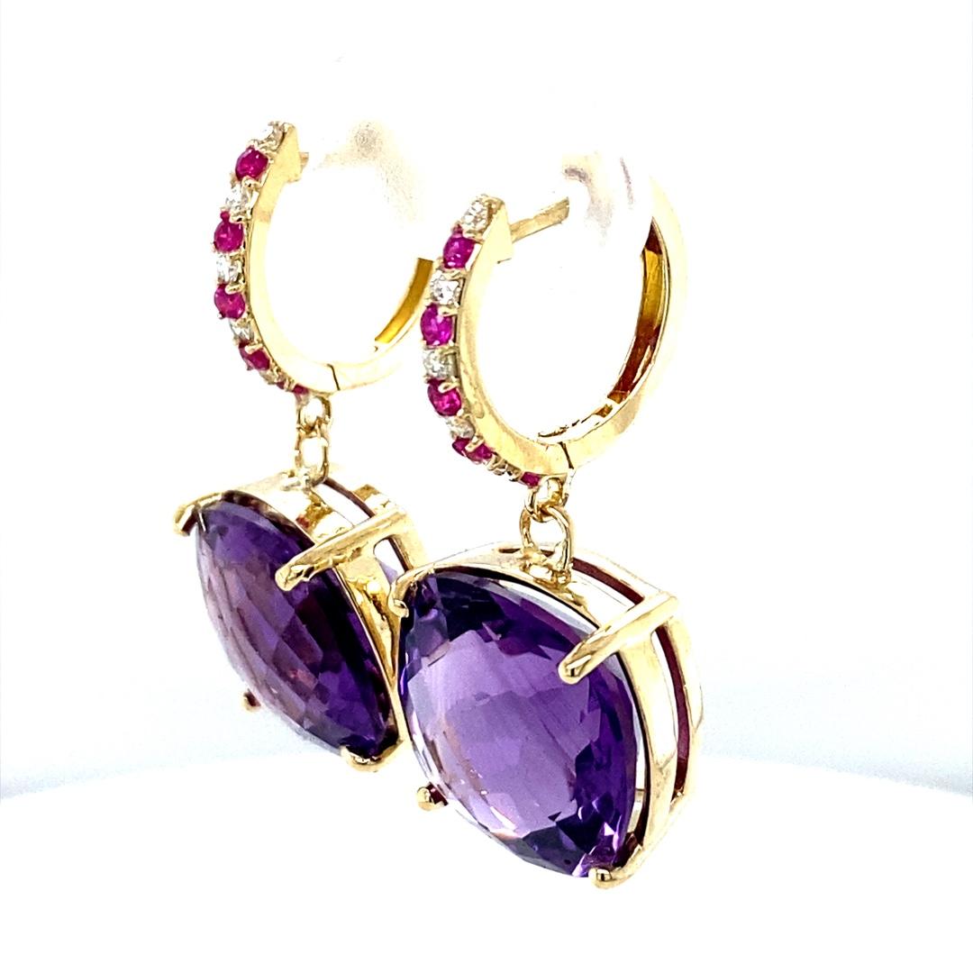 20.20 Carat Amethyst Sapphire and Diamond Yellow Gold Drop Earrings In New Condition For Sale In Los Angeles, CA