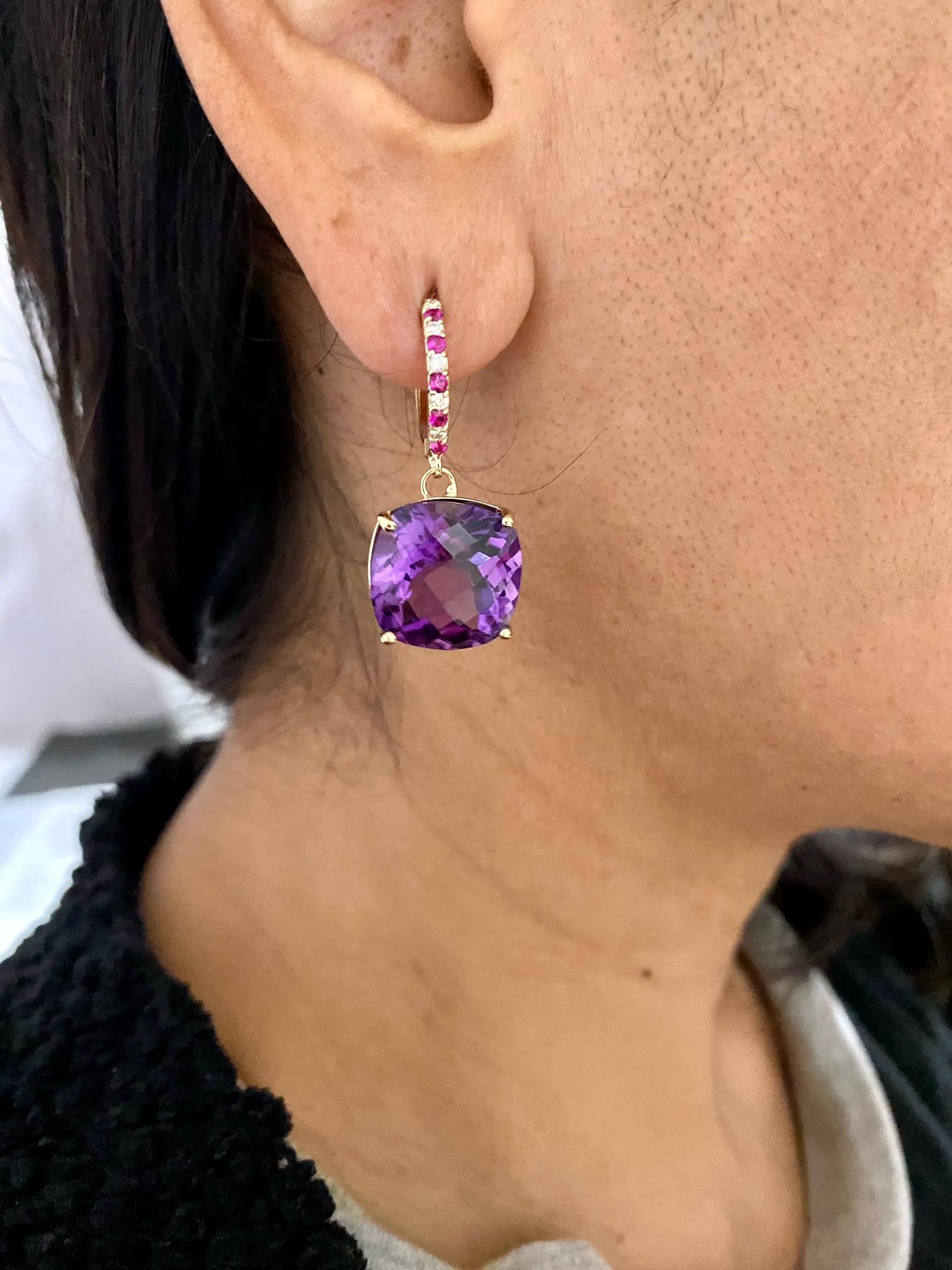20.20 Carat Amethyst Sapphire and Diamond Yellow Gold Drop Earrings For Sale 1