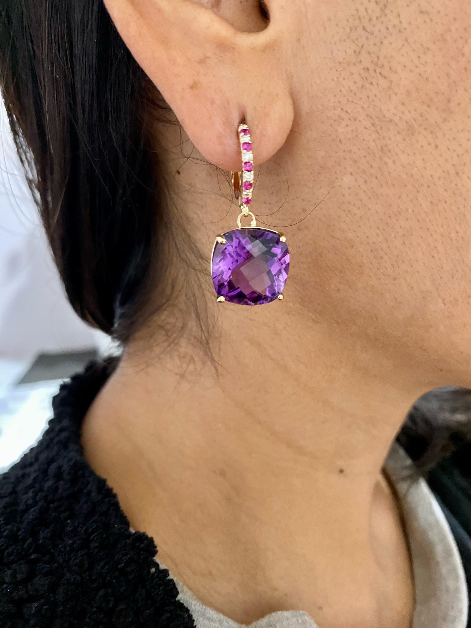 20.20 Carat Amethyst Sapphire and Diamond Yellow Gold Drop Earrings For Sale 2