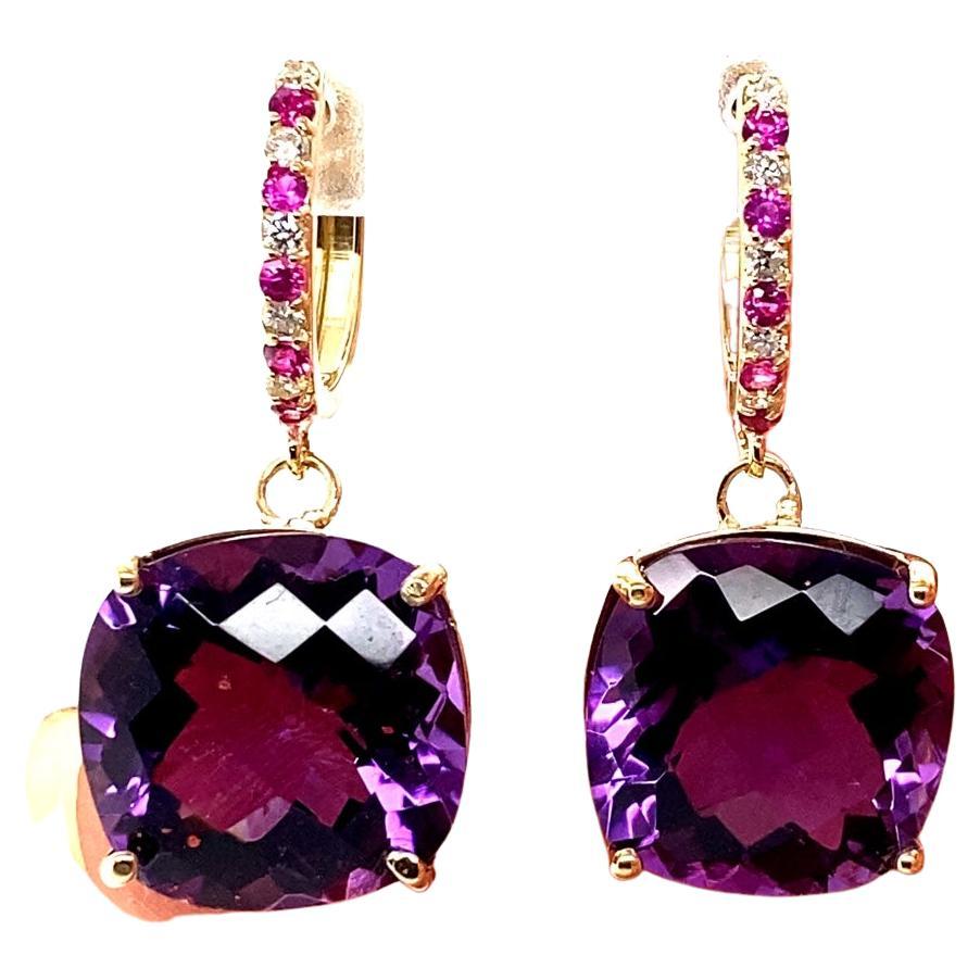 20.20 Carat Amethyst Sapphire and Diamond Yellow Gold Drop Earrings For Sale