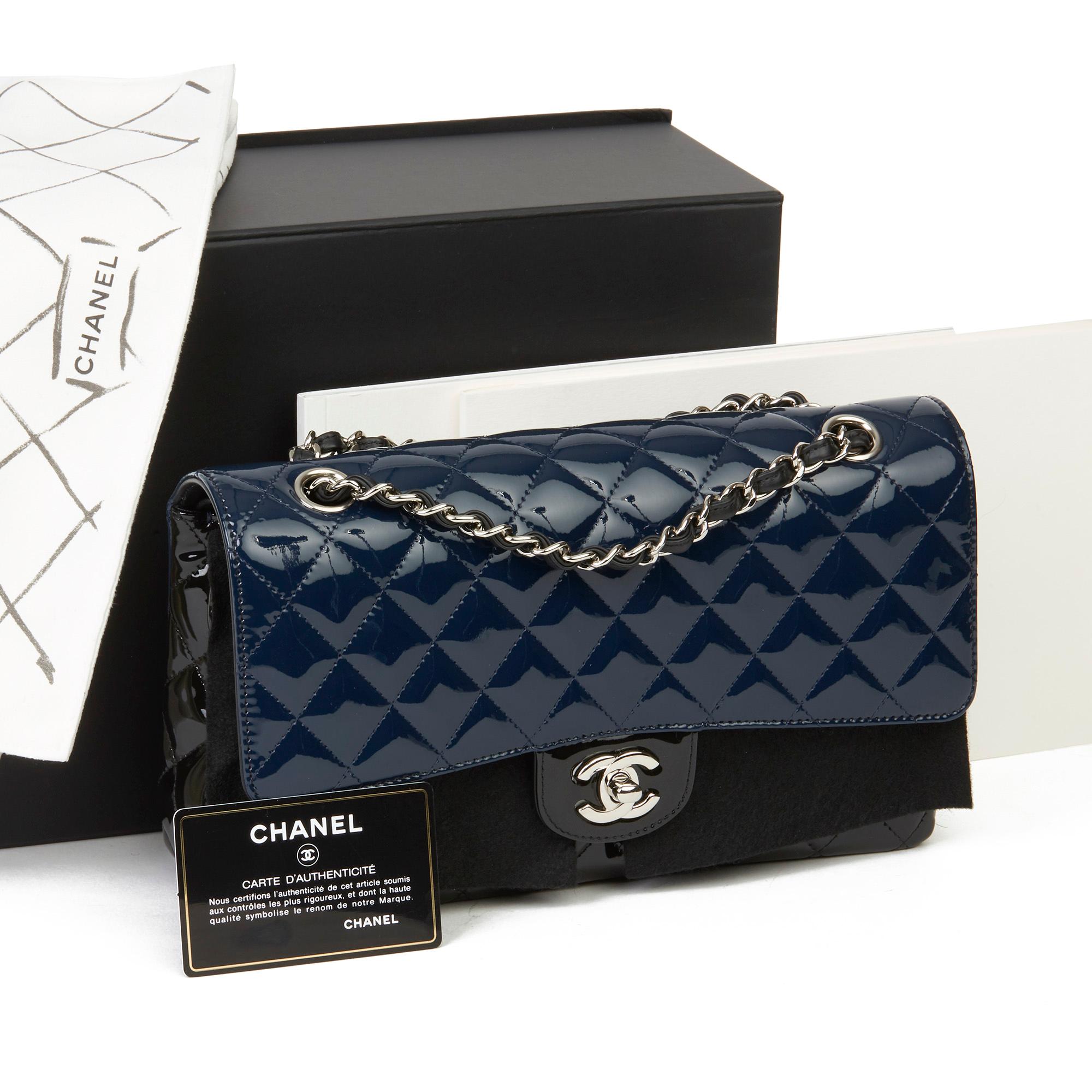 2020 Chanel Black & Navy Quilted Patent Leather Medium Classic Double Flap Bag 8