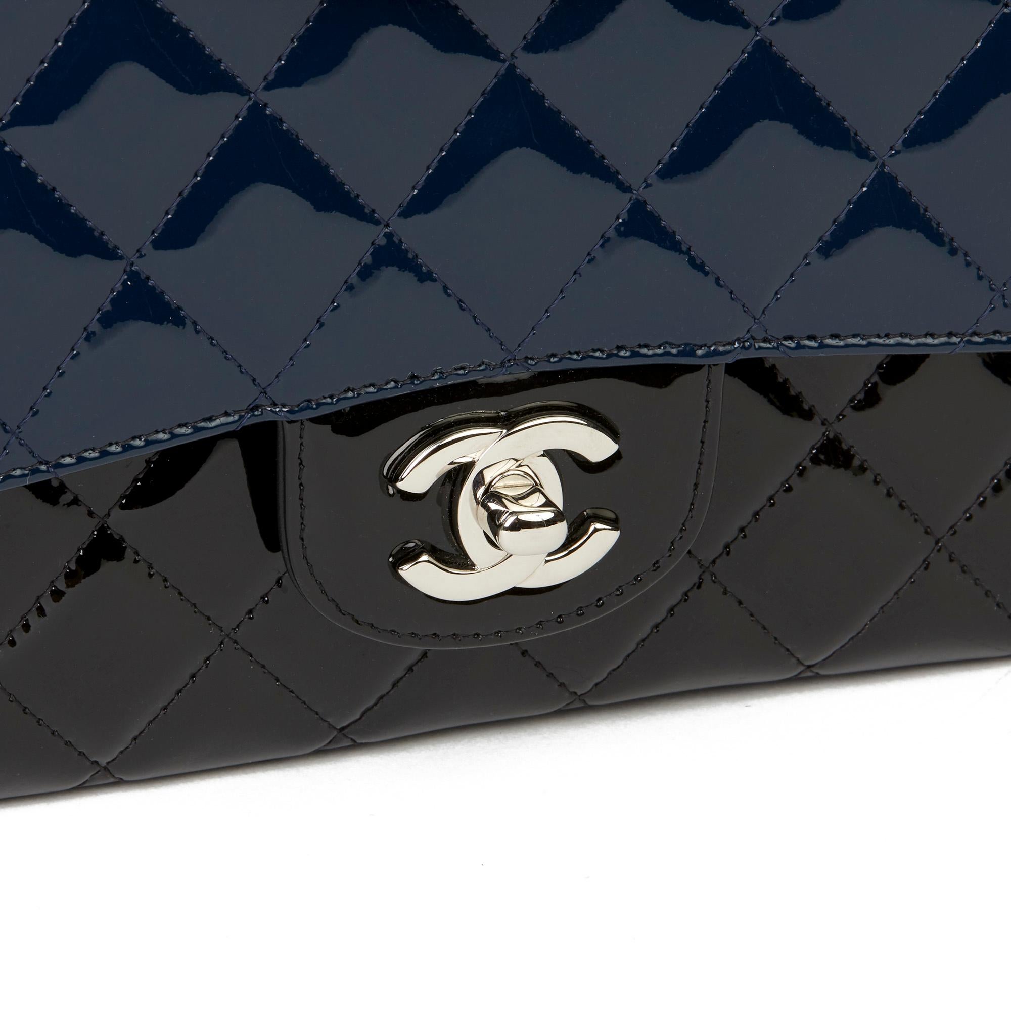 2020 Chanel Black & Navy Quilted Patent Leather Medium Classic Double Flap Bag 2