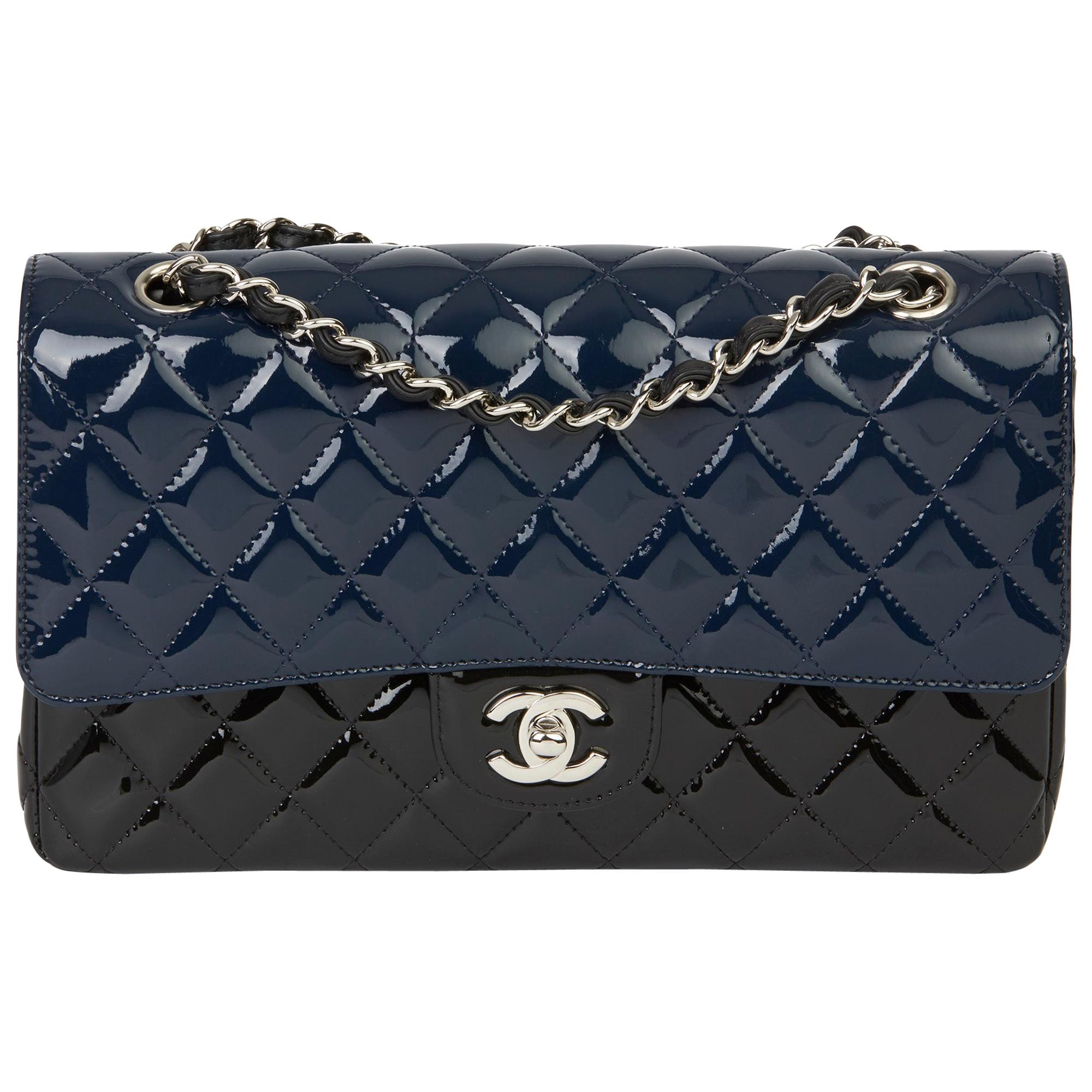 2020 Chanel Black & Navy Quilted Patent Leather Medium Classic Double Flap Bag