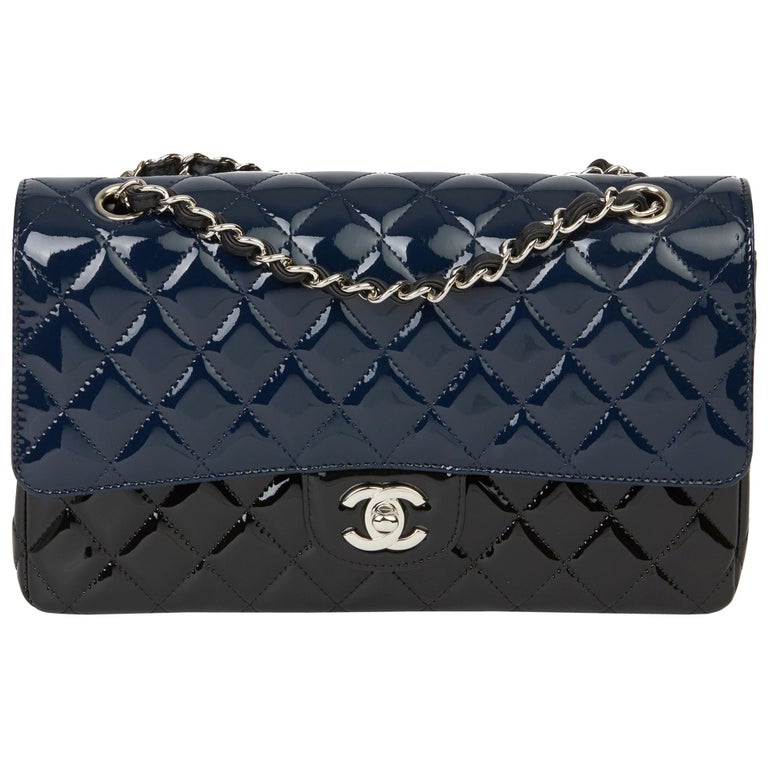 2020 Chanel Black and Navy Quilted Patent Leather Medium Classic Double  Flap Bag