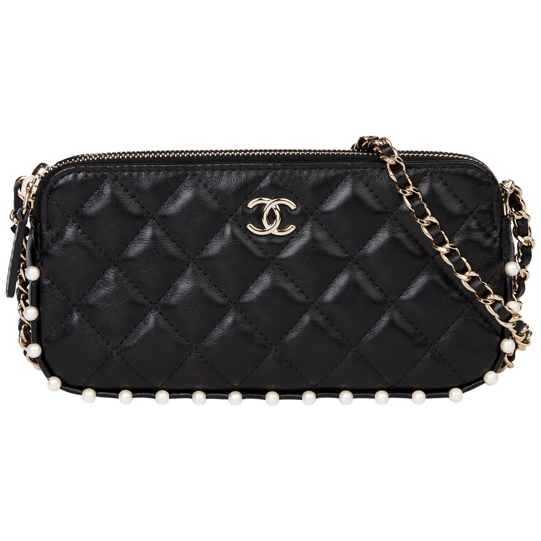 2020 Chanel Black Quilted Lambskin Pearl Embellished Double Zip  Wallet-on-Chain at 1stDibs