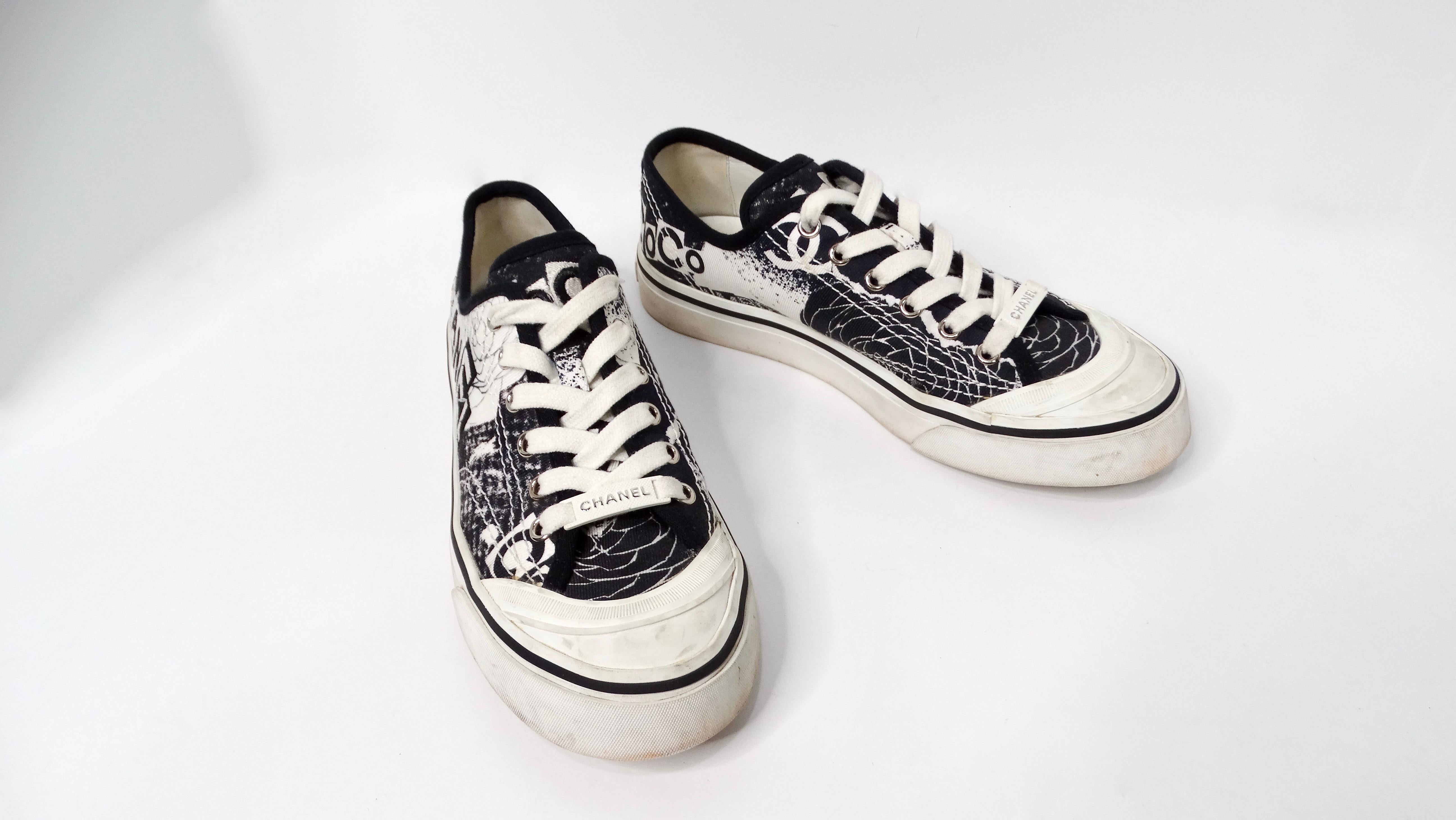 Women's 2020 Chanel Black & White Printed Fabric Low Top Sneakers For Sale
