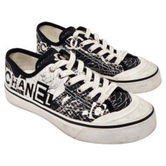 2020 Chanel Black & White Printed Fabric Low Top Sneakers