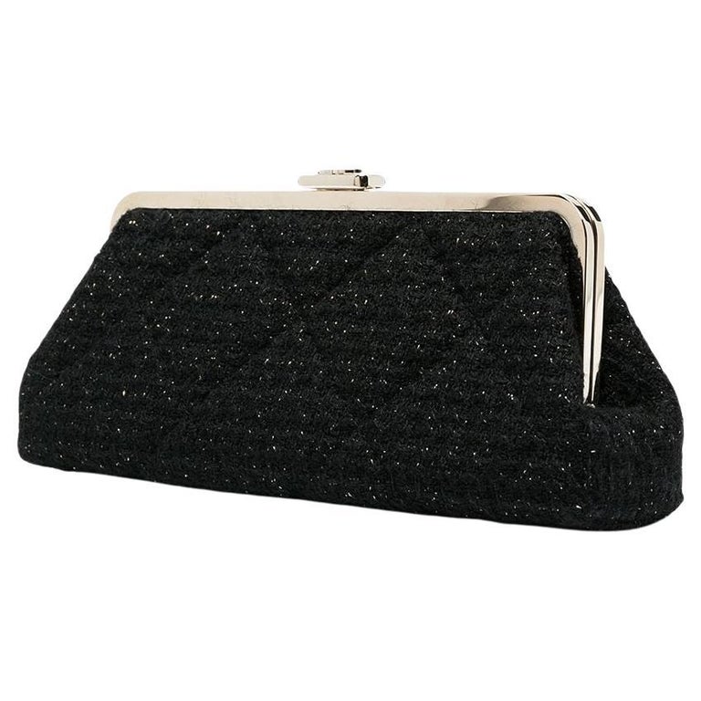2020 Chanel Evening Black Tweed Wool Clutch For Sale