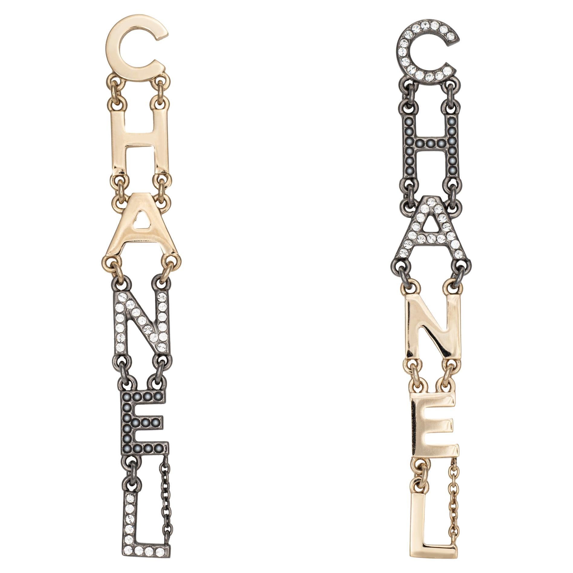 2020 Chanel Logo Long Earrings 3.5" Crystal Faux Pearl Yellow Black Gold Tone For Sale