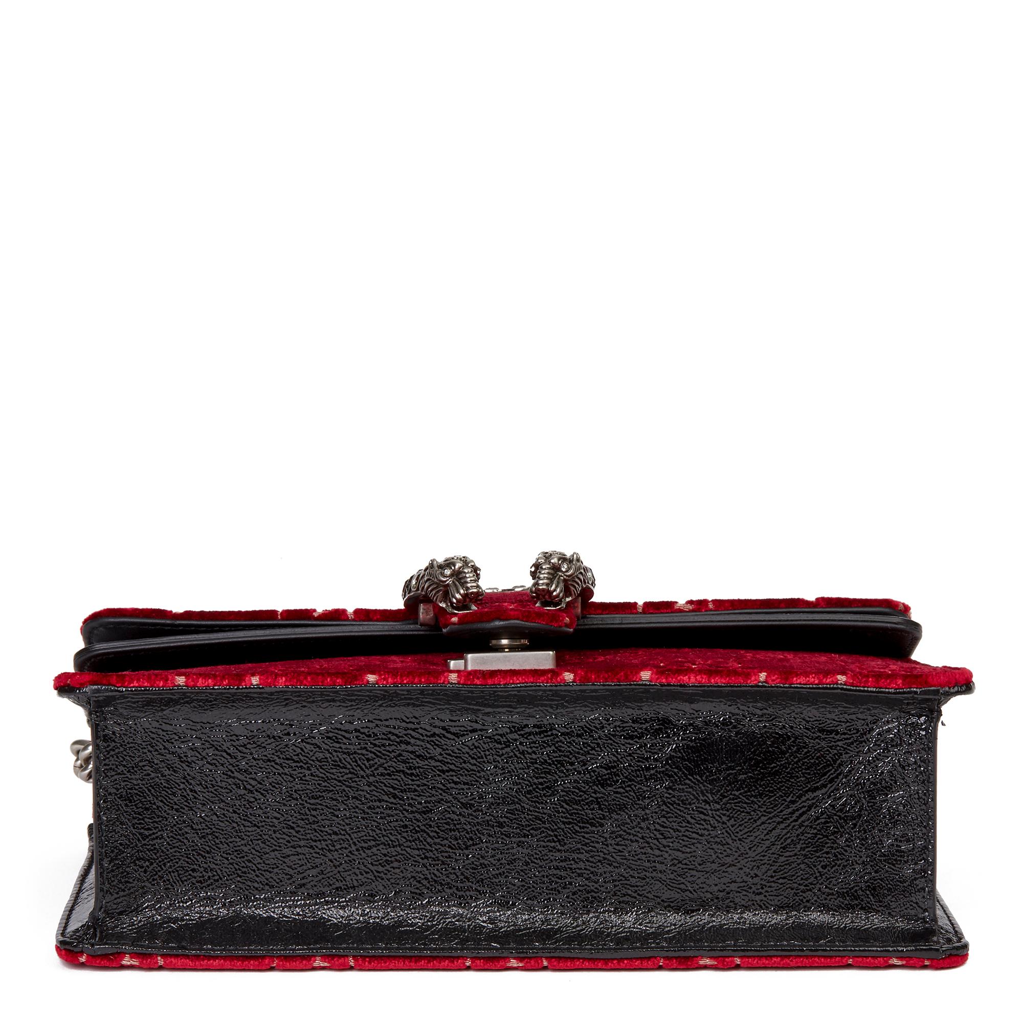 2020 Gucci Red GG Velvet & Black Aged Patent Calfskin Leather Small Dionysus In New Condition In Bishop's Stortford, Hertfordshire