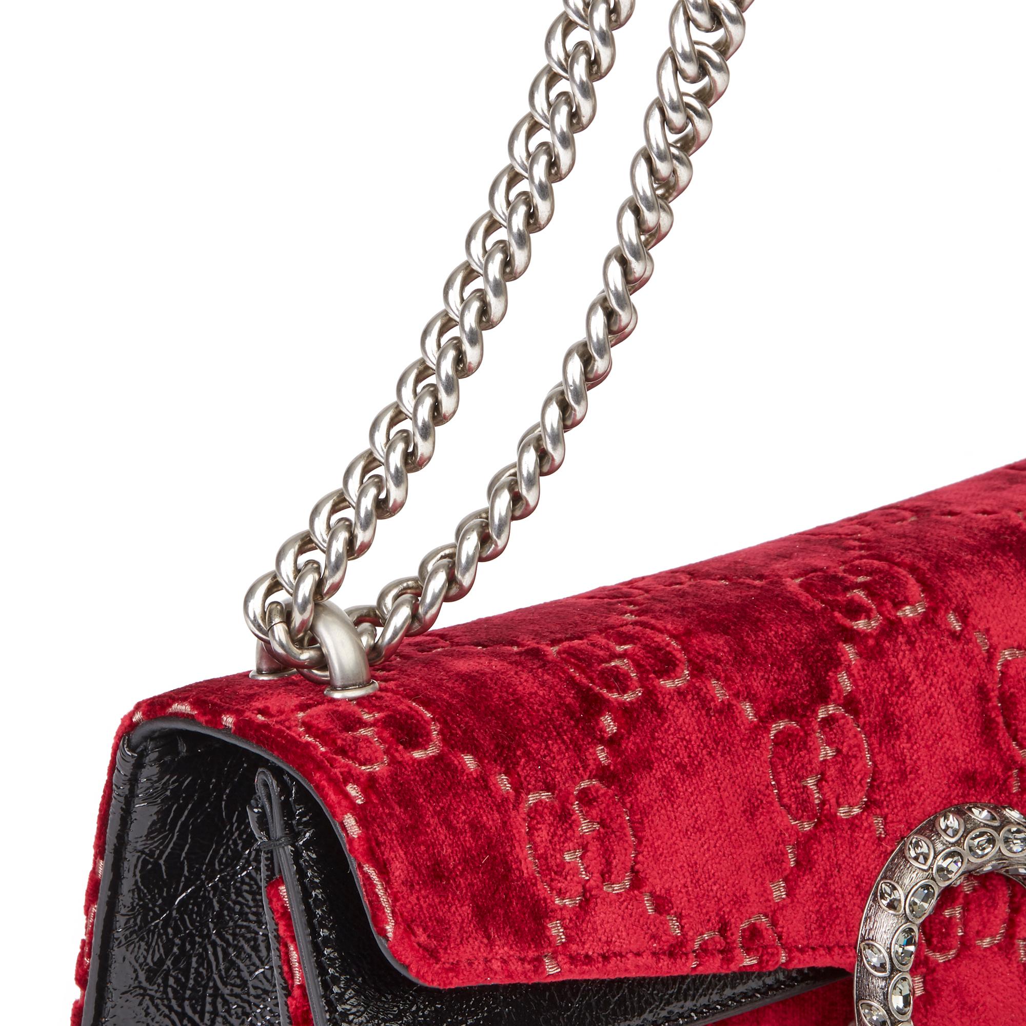 2020 Gucci Red GG Velvet & Black Aged Patent Calfskin Leather Small Dionysus 1