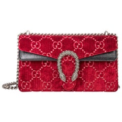 2020 Gucci Red GG Velvet & Black Aged Patent Calfskin Leather Small Dionysus