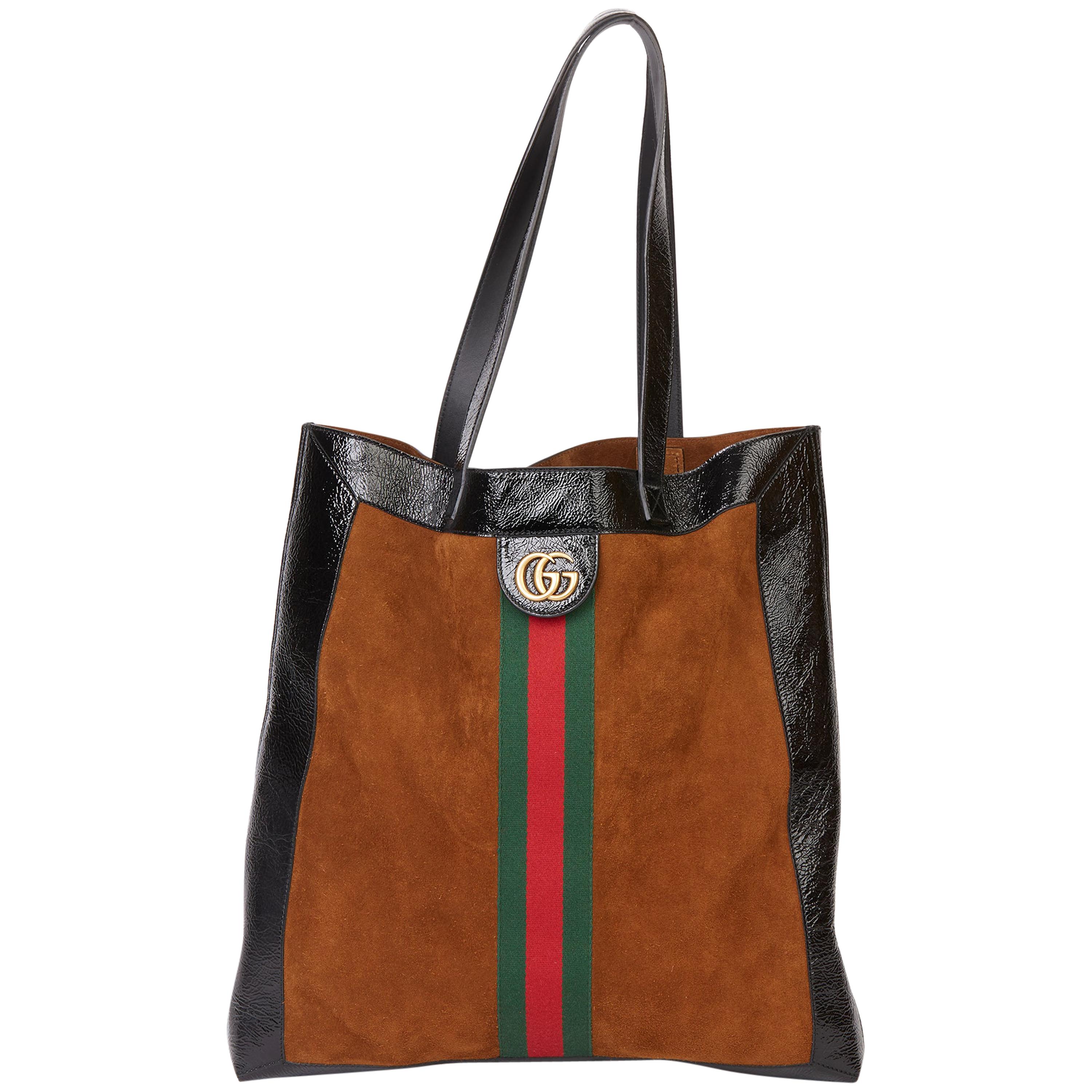 2020 Gucci Black Aged Patent Calfskin & Brown Suede Web Large Orphidia Tote