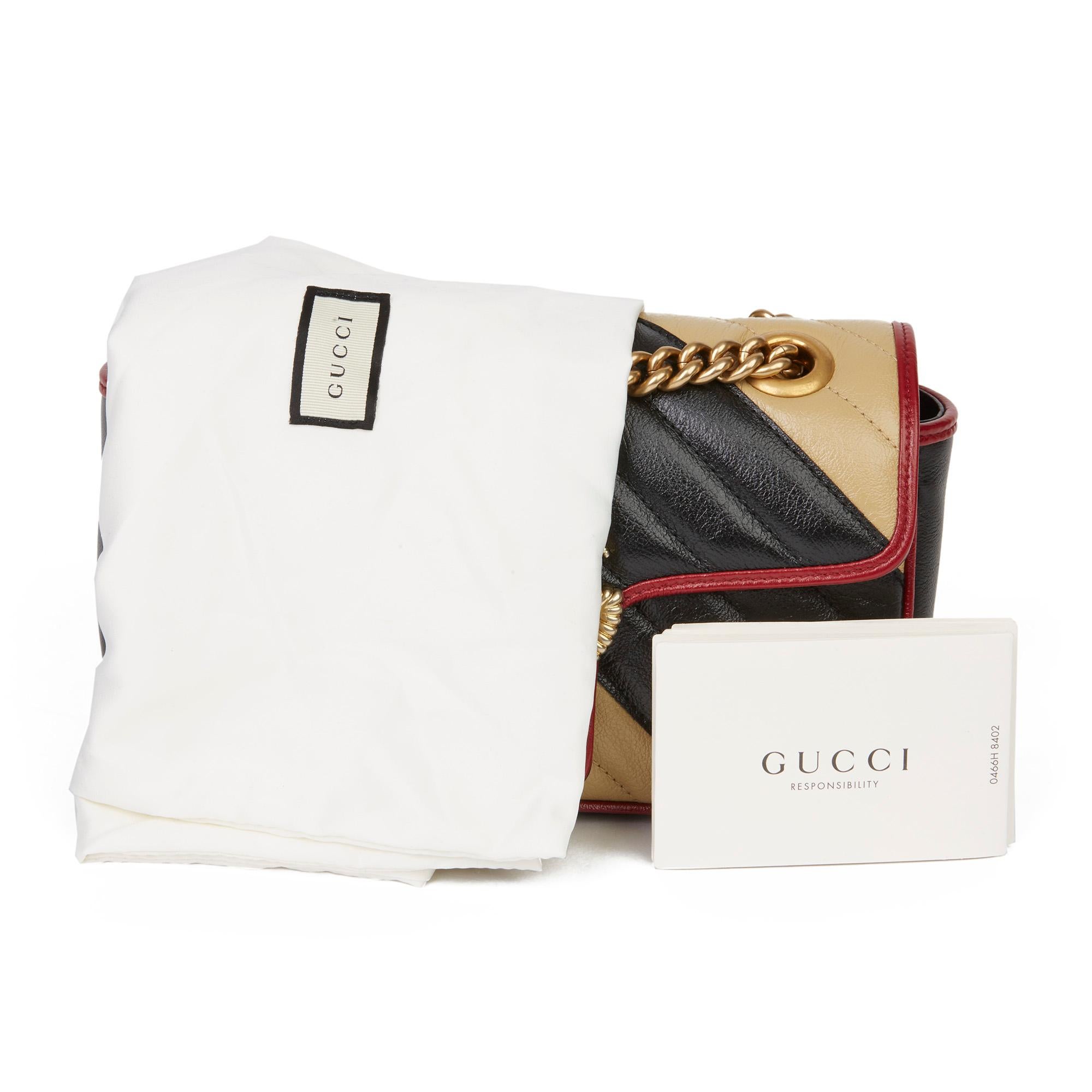 2020 Gucci Black Cream & Red Diagonal Quilted Aged Calfskin Leather Mini Marmont 4