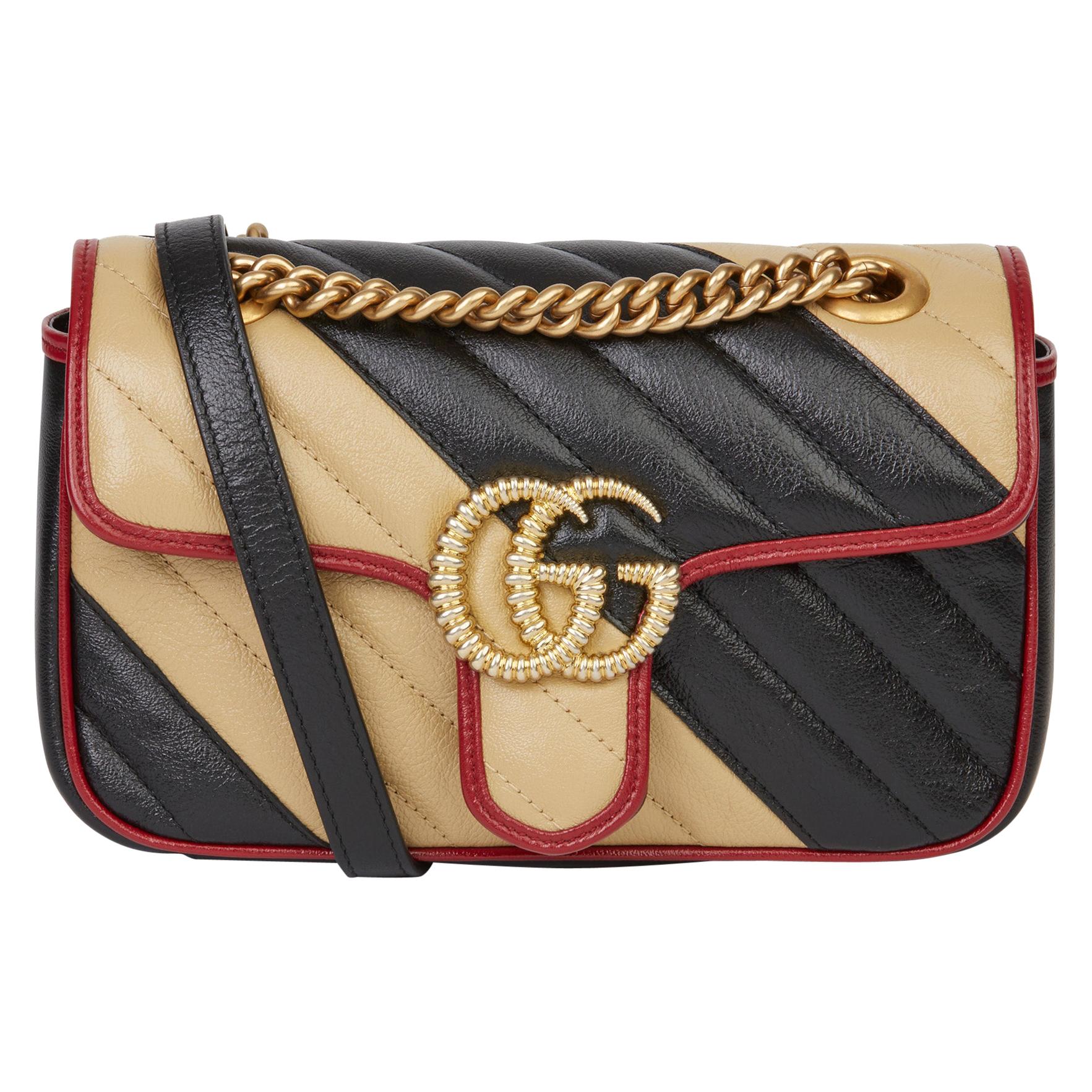 2020 Gucci Black Cream & Red Diagonal Quilted Aged Calfskin Leather Mini Marmont