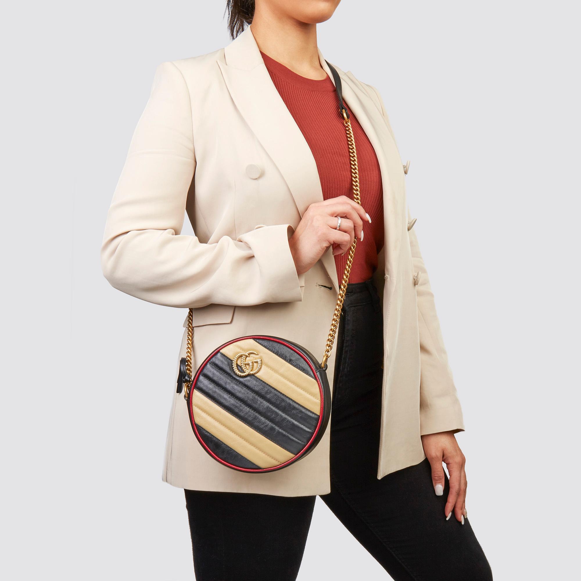 2020 Gucci Black, Cream & Red Diagonal Quilted Aged Calfskin Leather Mini Round 7