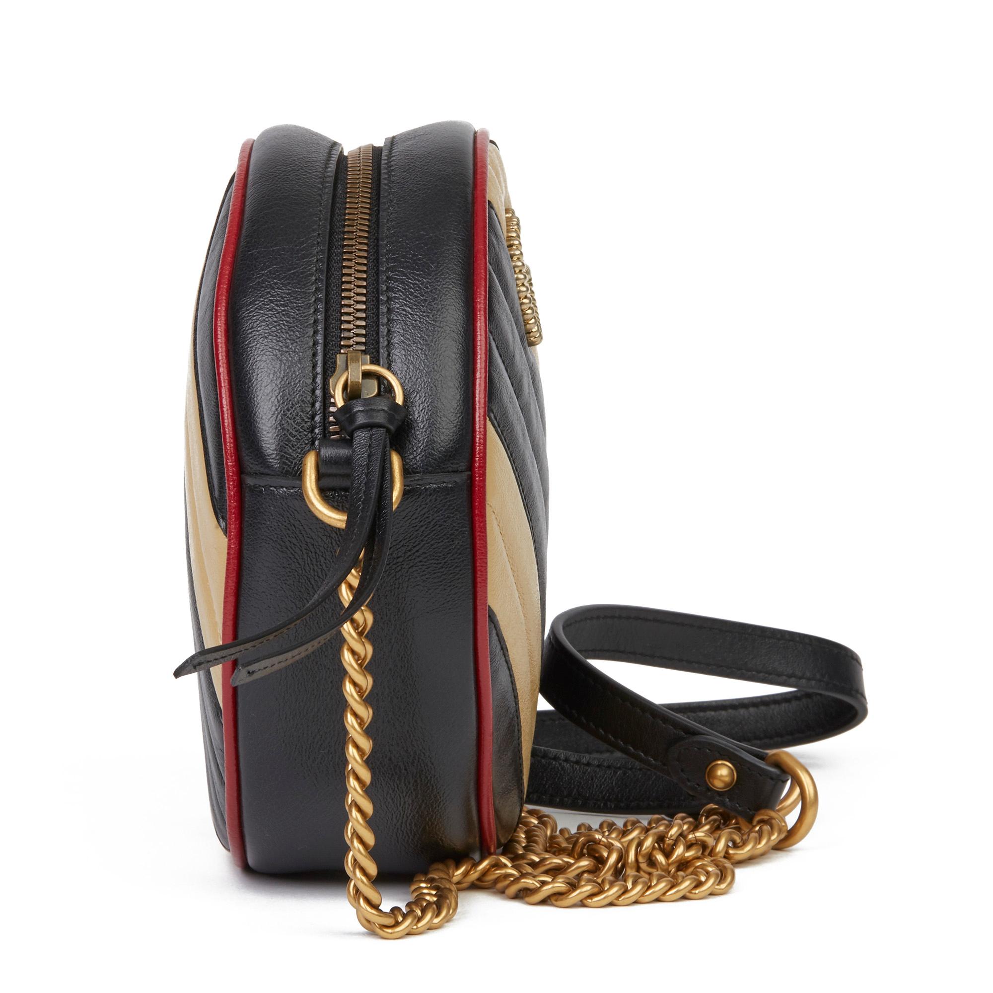 GUCCI
Black, Cream & Red Diagonal Quilted Aged Calfskin Leather Mini Round Marmont

Xupes Reference: HB3536
Serial Number: 550154 001998
Age (Circa): 2020
Accompanied By: Gucci Dust Bag
Authenticity Details: Serial Stamp (Made in Italy)
Gender: