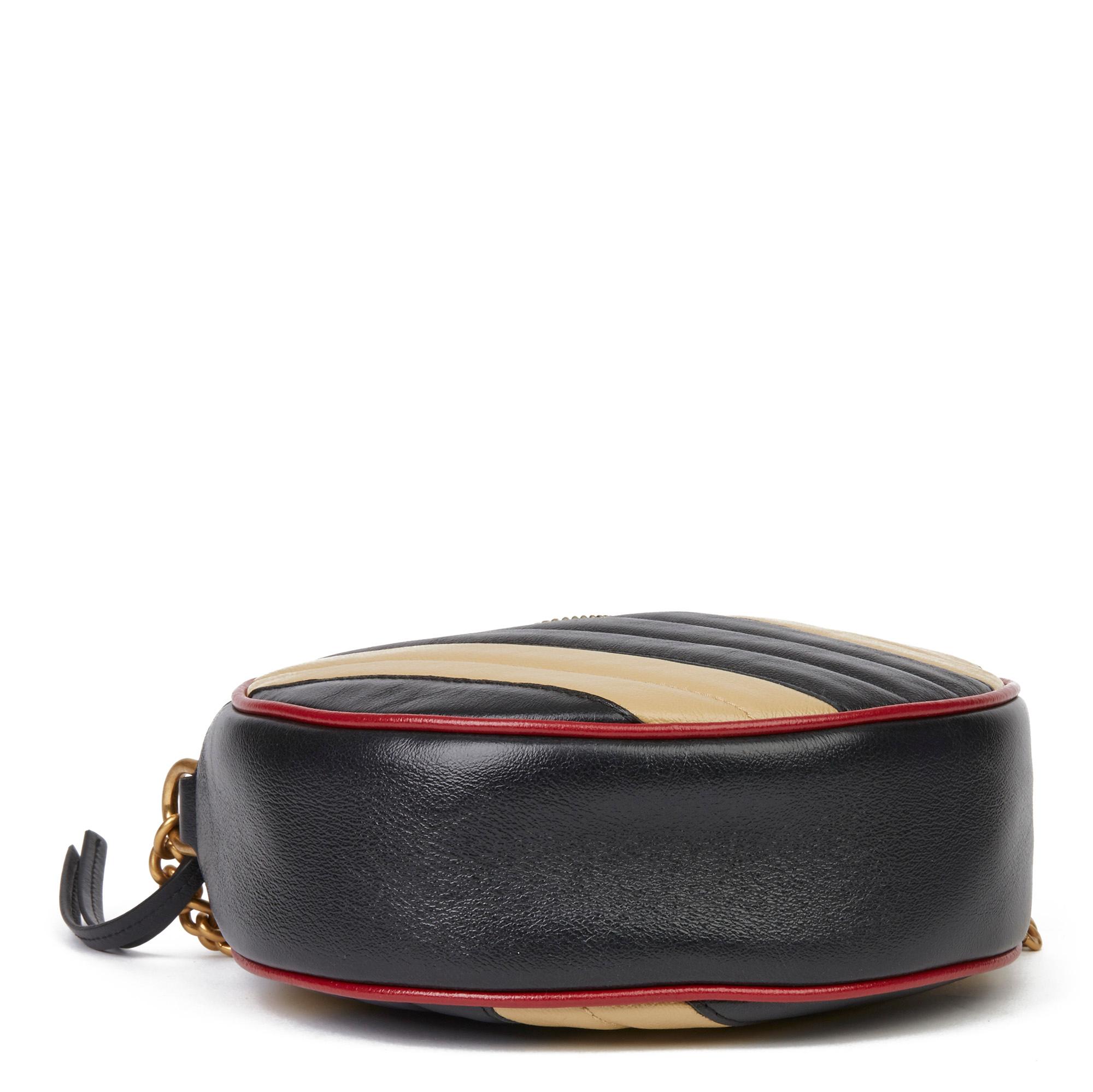 Women's 2020 Gucci Black, Cream & Red Diagonal Quilted Aged Calfskin Leather Mini Round 