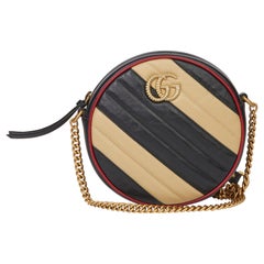 2020 Gucci Black, Cream & Red Diagonal Quilted Aged Calfskin Leather Mini Round 