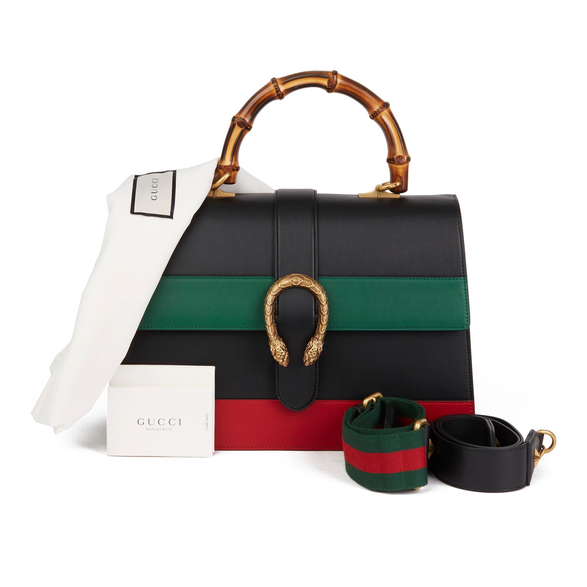 2020 Gucci Black, Green & Red Smooth Calfskin Large Dionysus Bamboo Top Handle  5