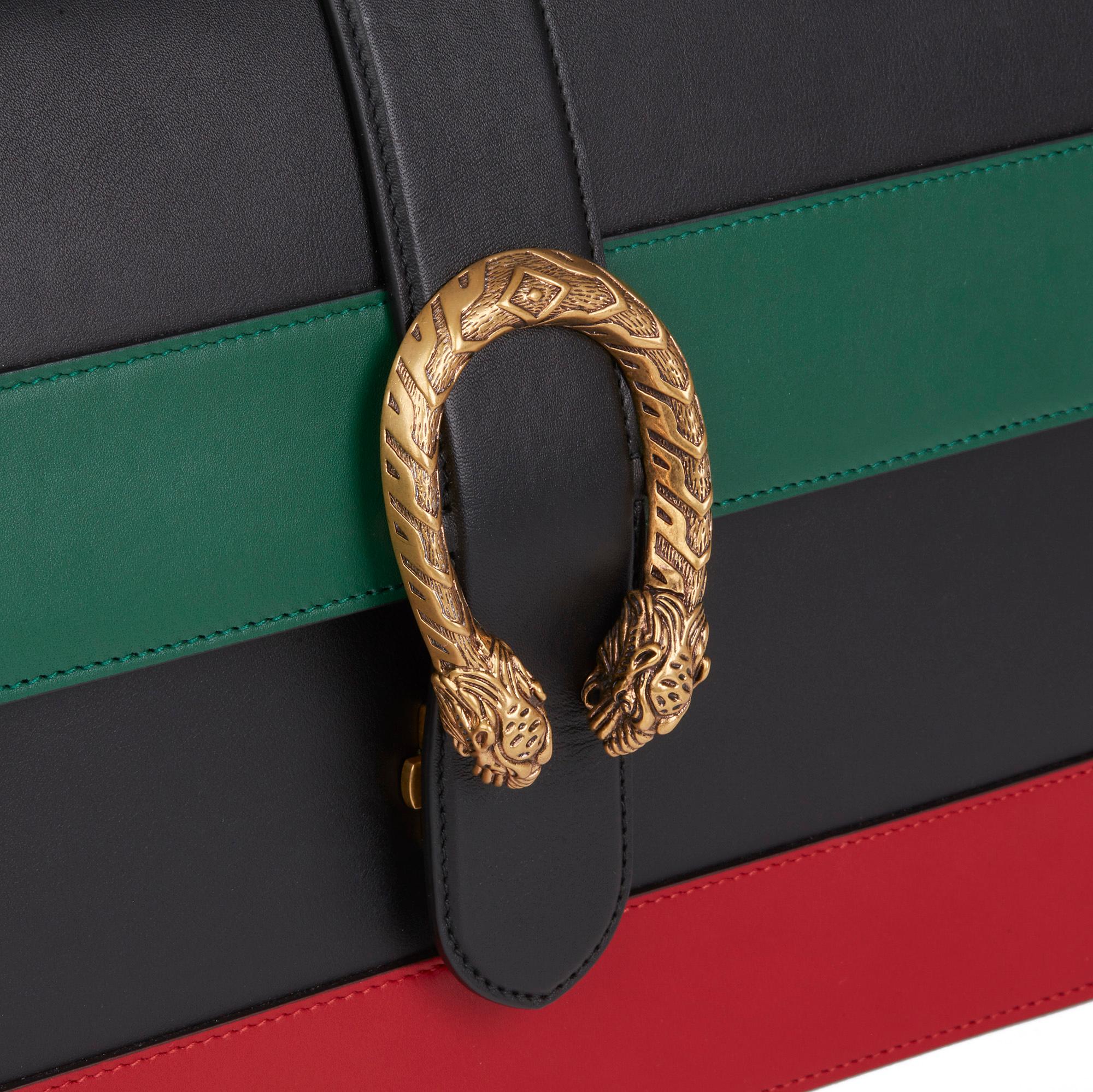 Women's 2020 Gucci Black, Green & Red Smooth Calfskin Large Dionysus Bamboo Top Handle 