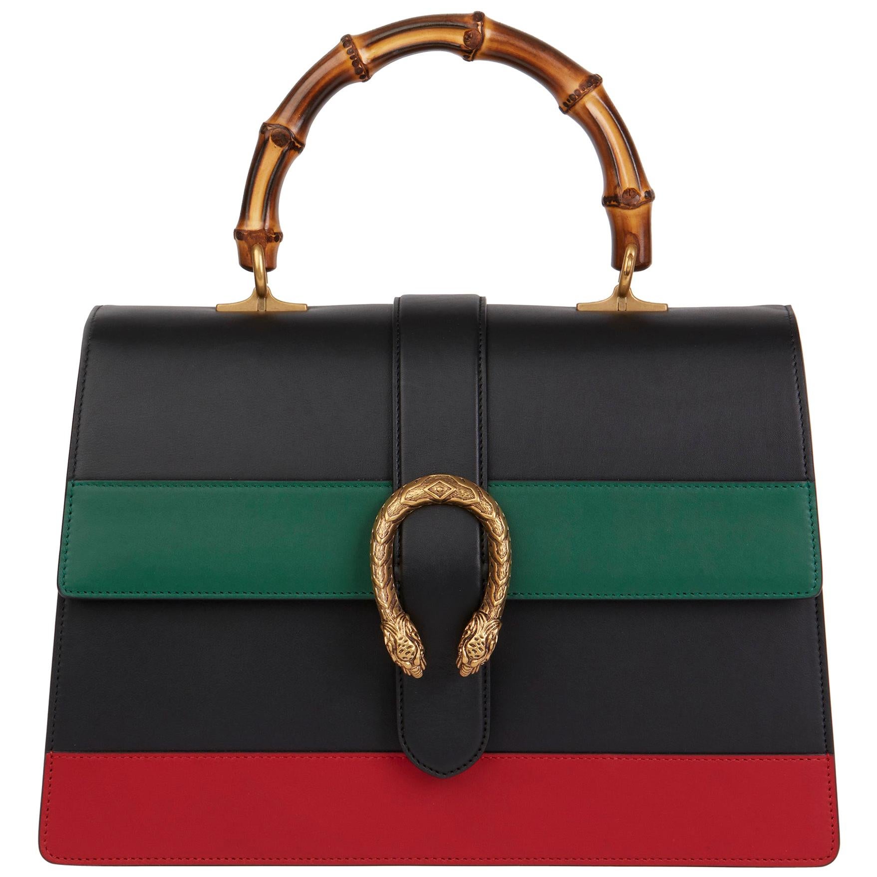2020 Gucci Black, Green & Red Smooth Calfskin Large Dionysus Bamboo Top Handle 