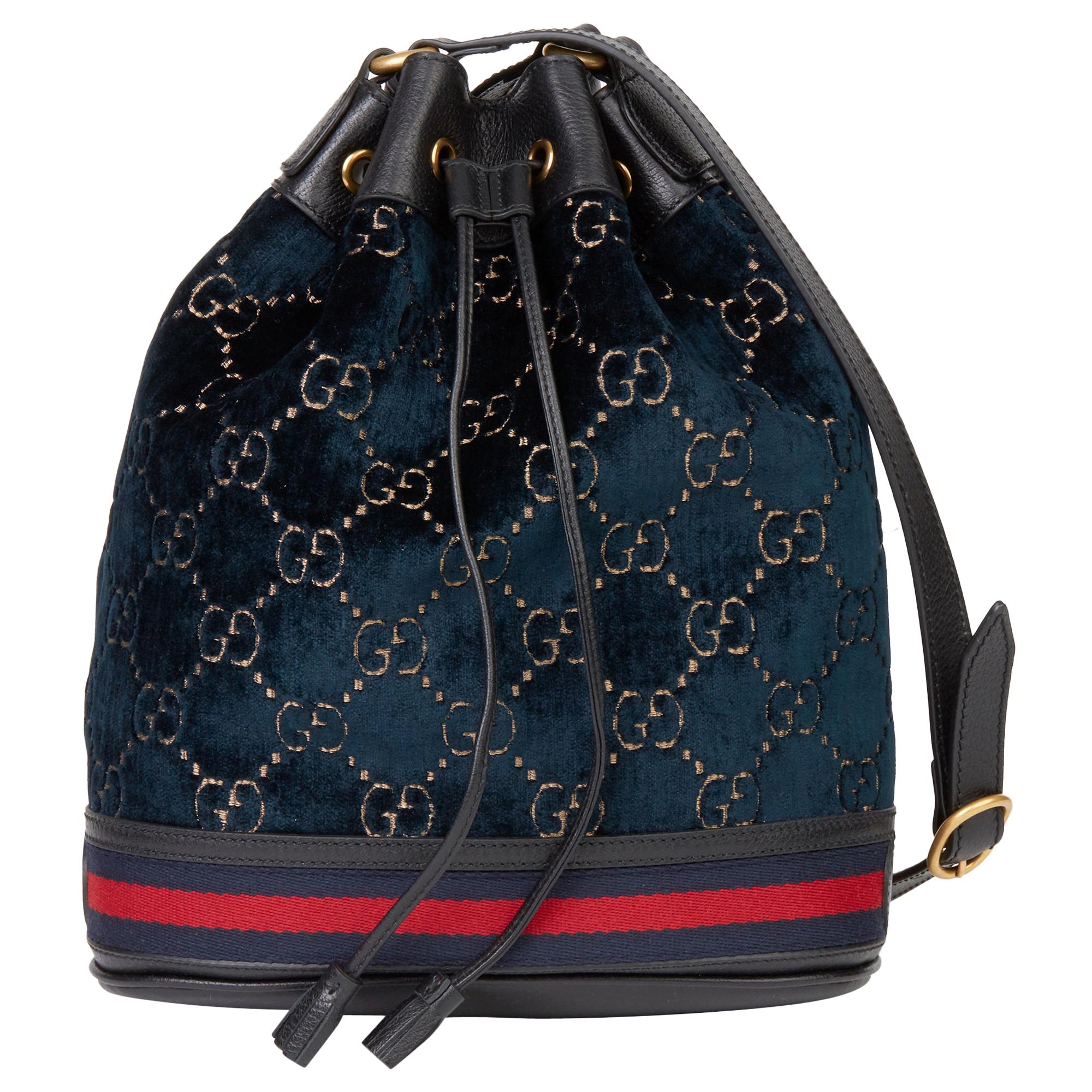 2020 Gucci Dark Blue GG Velvet & Black Pigskin Leather Web Bucket Bag