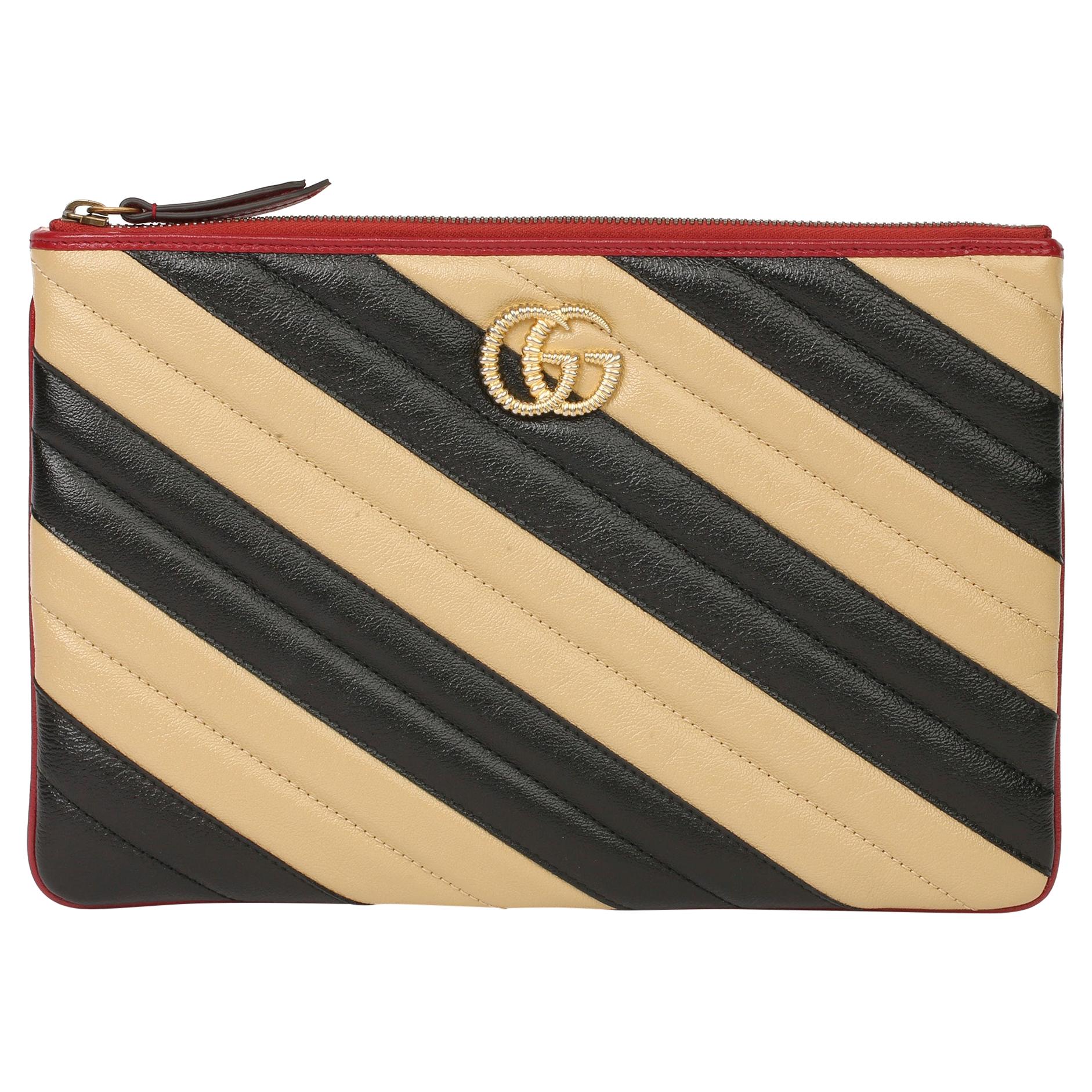 2020 Gucci "GUCCI Black, Cream & Red Diagonal Quilted Aged Leather Marmont Pouch
