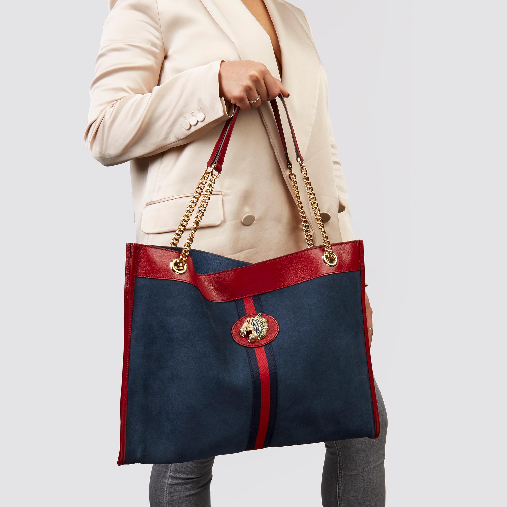 GUCCI
Red Aged Calfskin Leather & Blue Suede Web Large Rajah Tote

Xupes Reference: HB3476
Serial Number: 537319 498879
Age (Circa): 2020
Accompanied By: Gucci Dust Bag, Interior Pouch, Care Booklet
Authenticity Details: Date Stamp (Made in